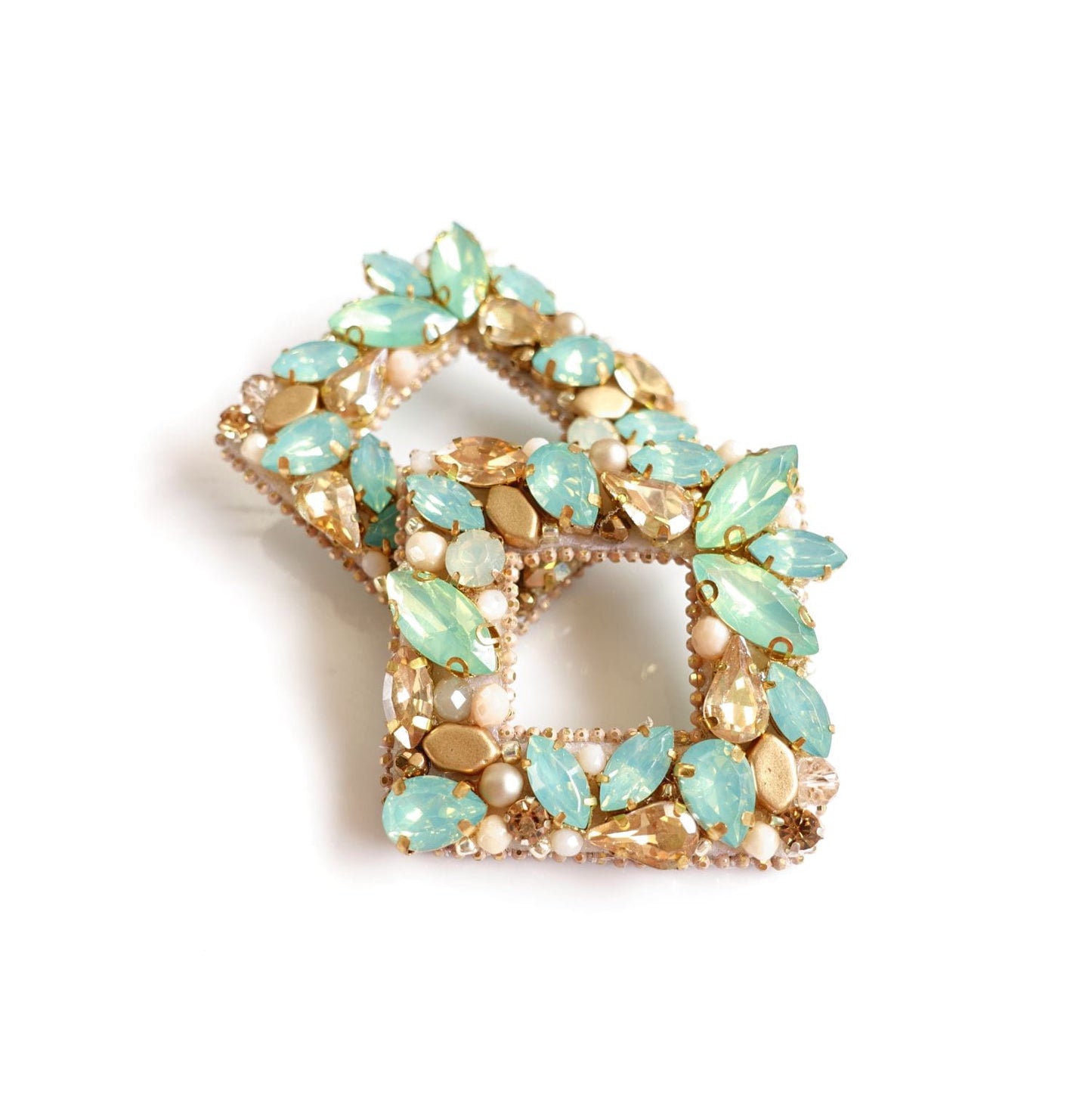 Mint green square earrings with crystals 421 Green Square