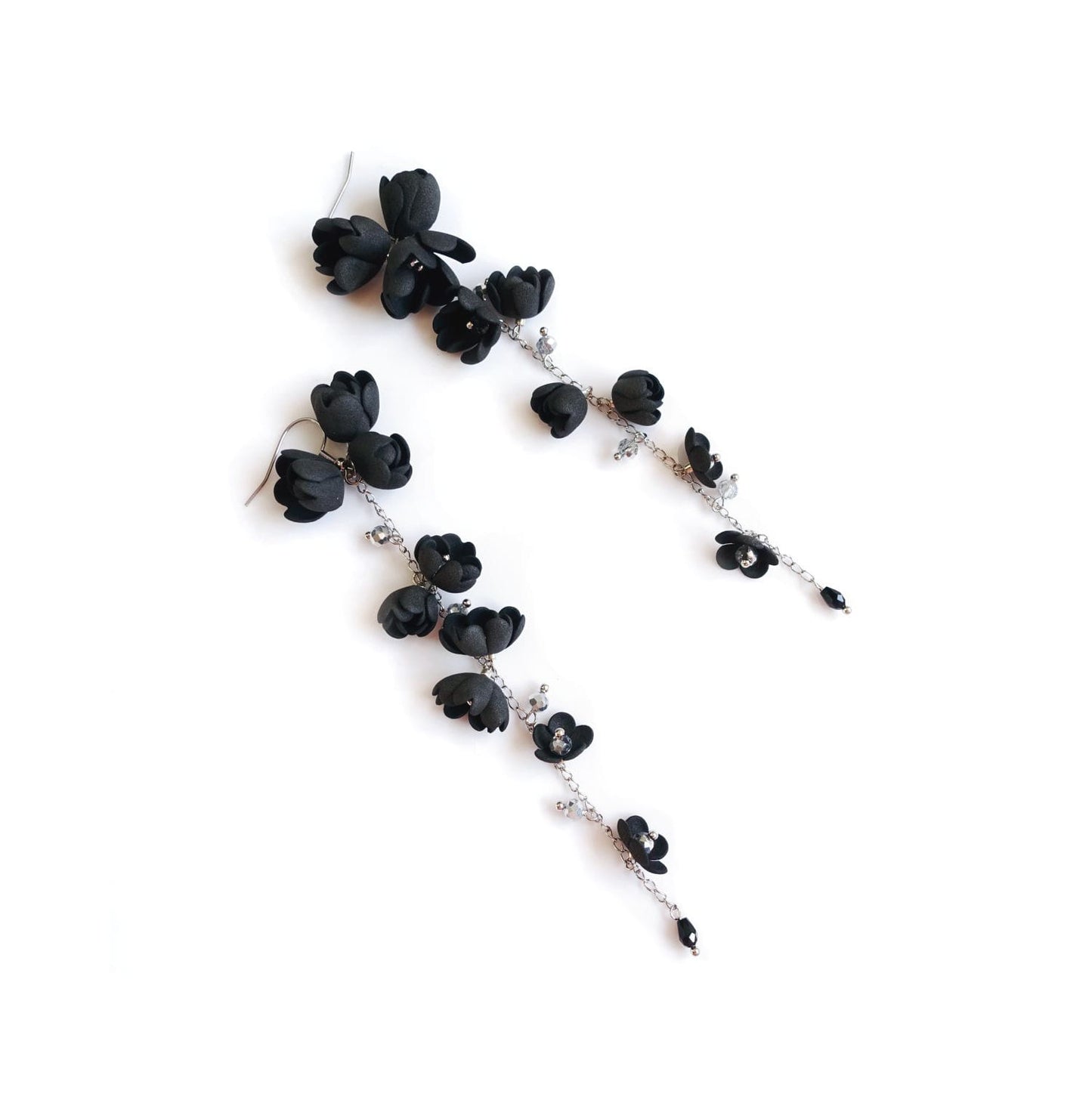 Black flower earrings on a silver chain 926 Black Silver Lily of the Valley