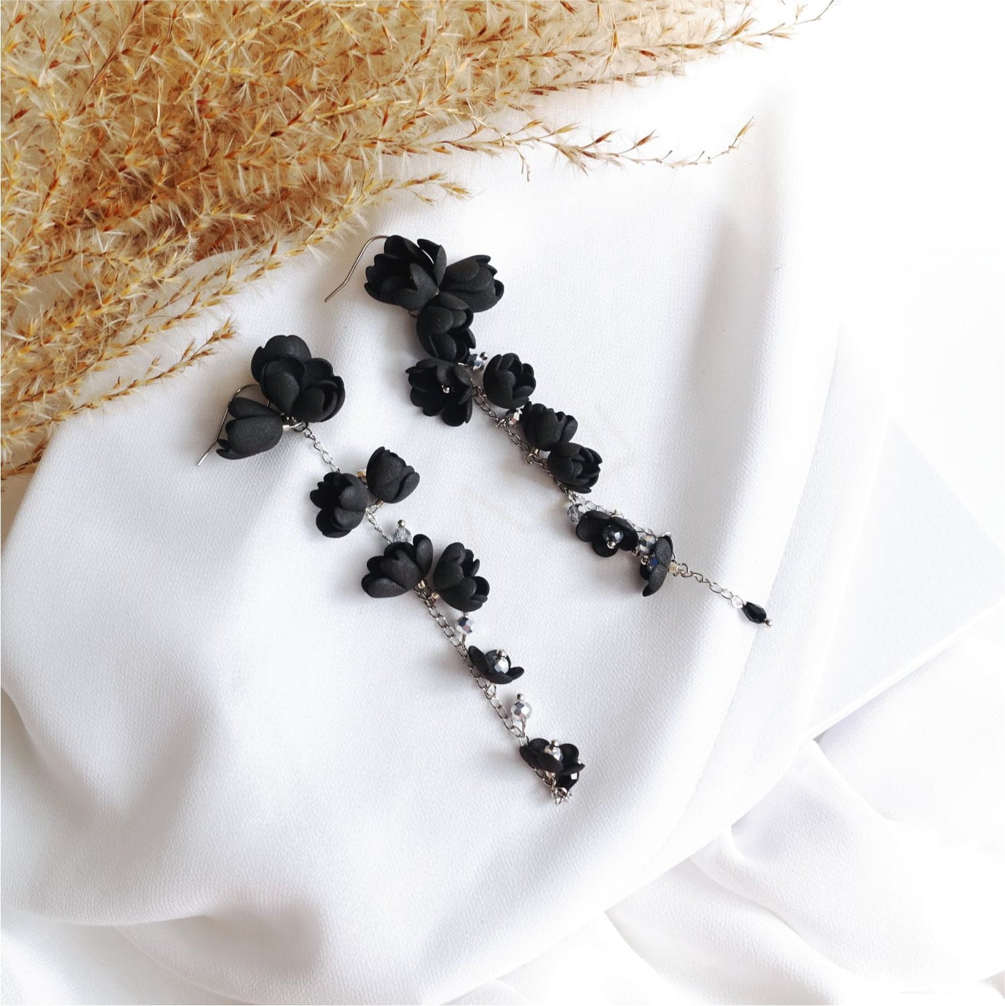 Black flower earrings on a silver chain 926 Black Silver Lily of the Valley