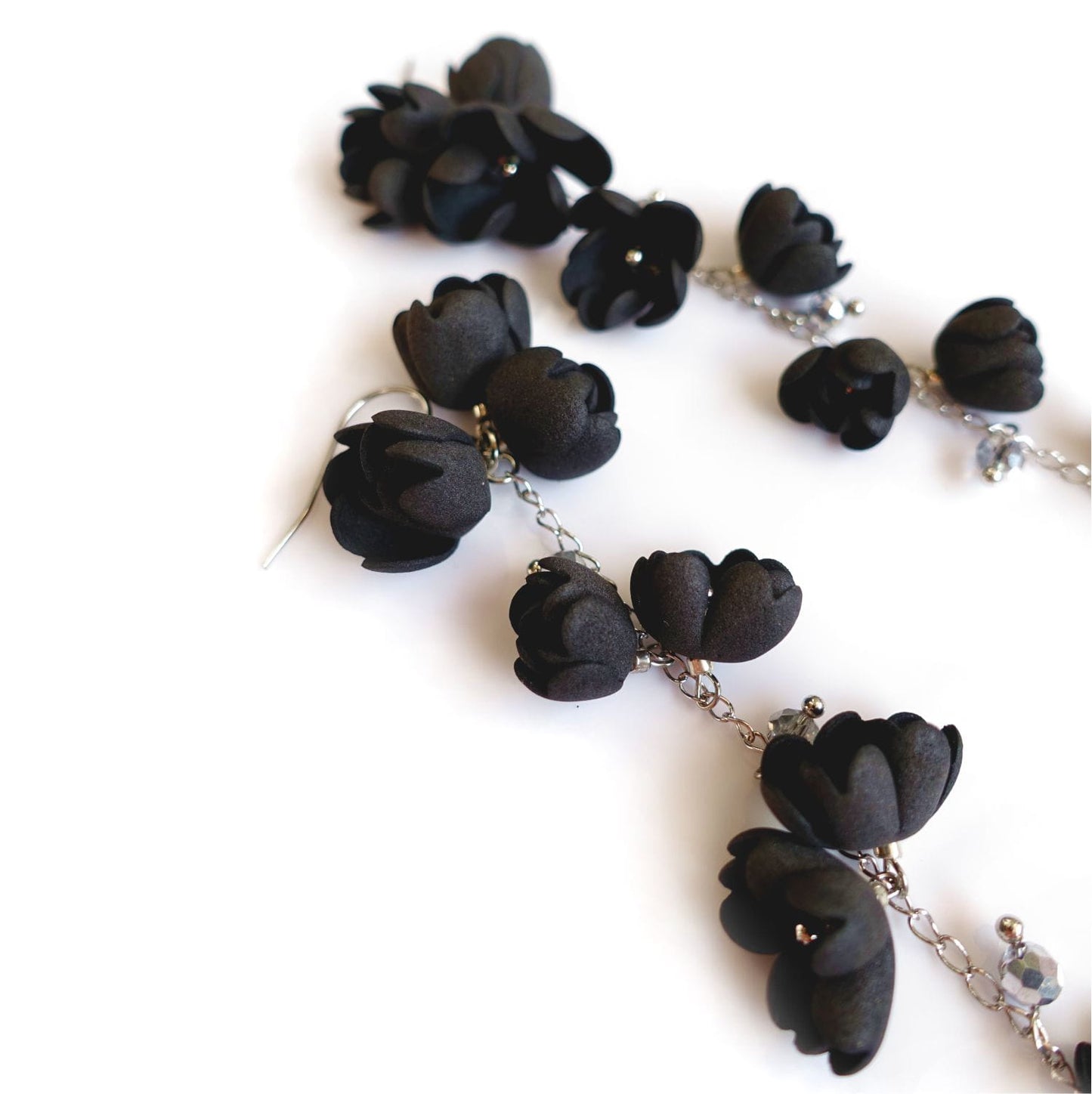 Black flower earrings on a silver chain 926 Black Silver Lily of the Valley