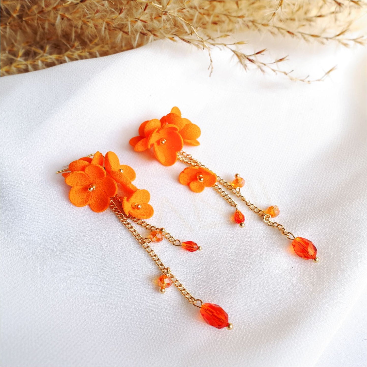 Orange flower earrings on a gold chain Orange Daisy DK850