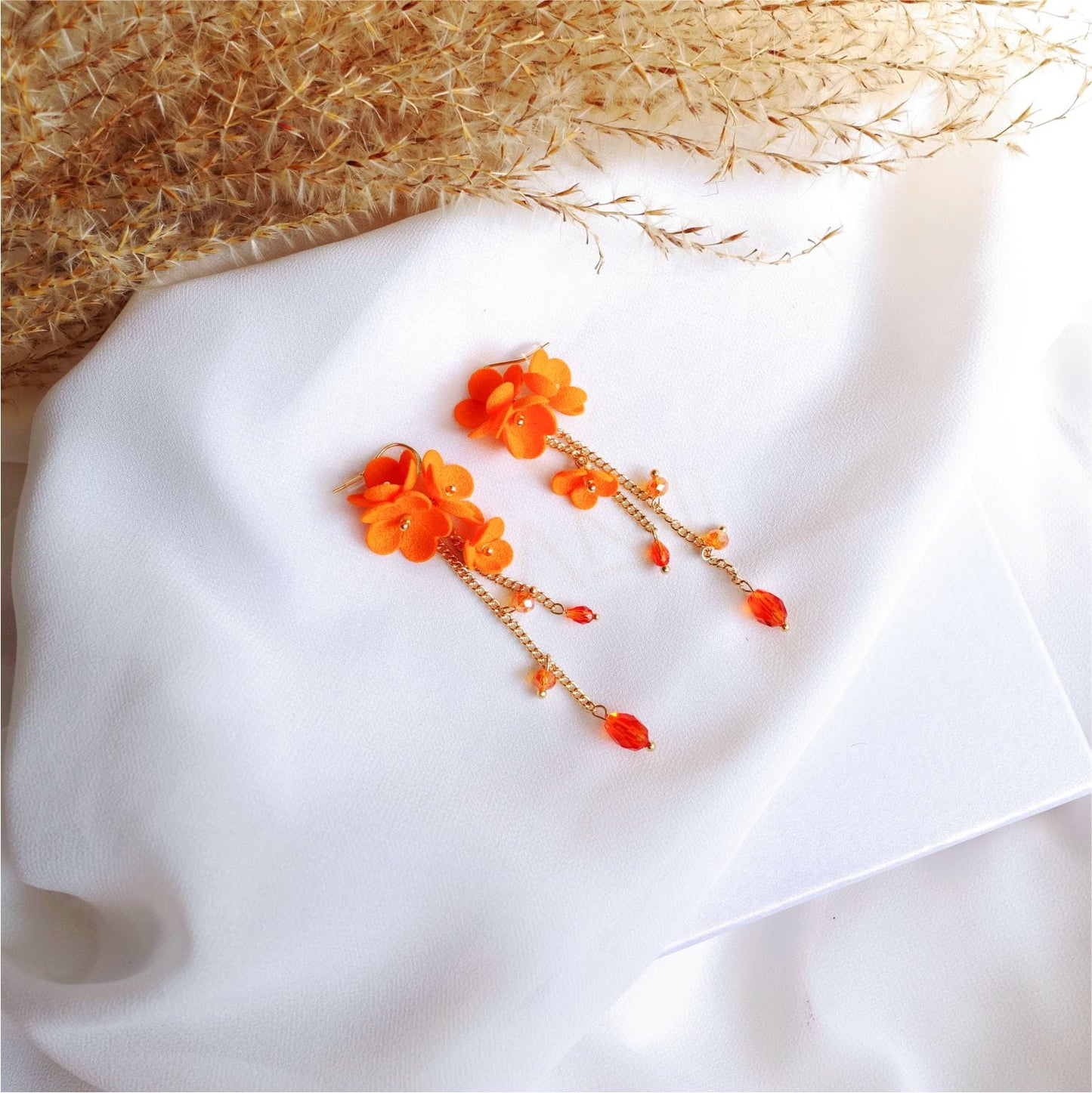 Orange flower earrings on a gold chain Orange Daisy DK850