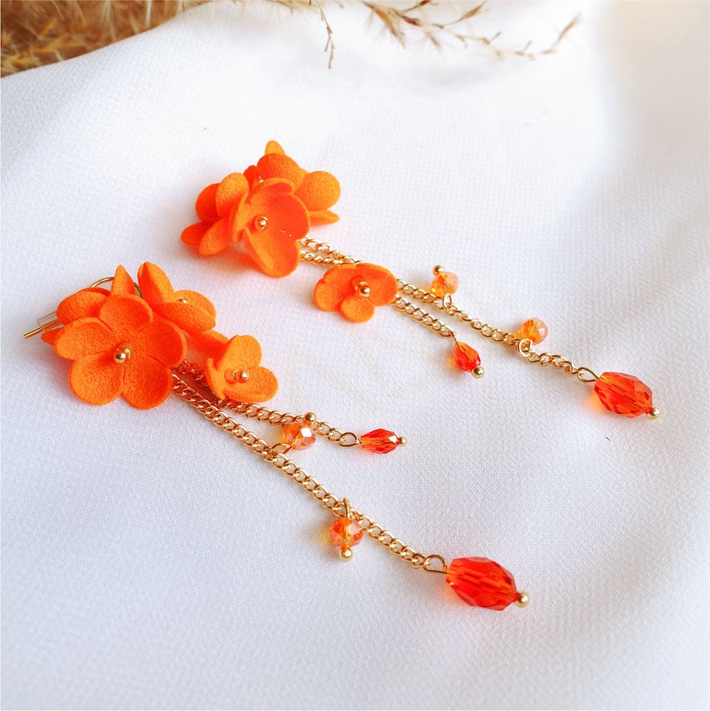 Orange flower earrings on a gold chain Orange Daisy DK850