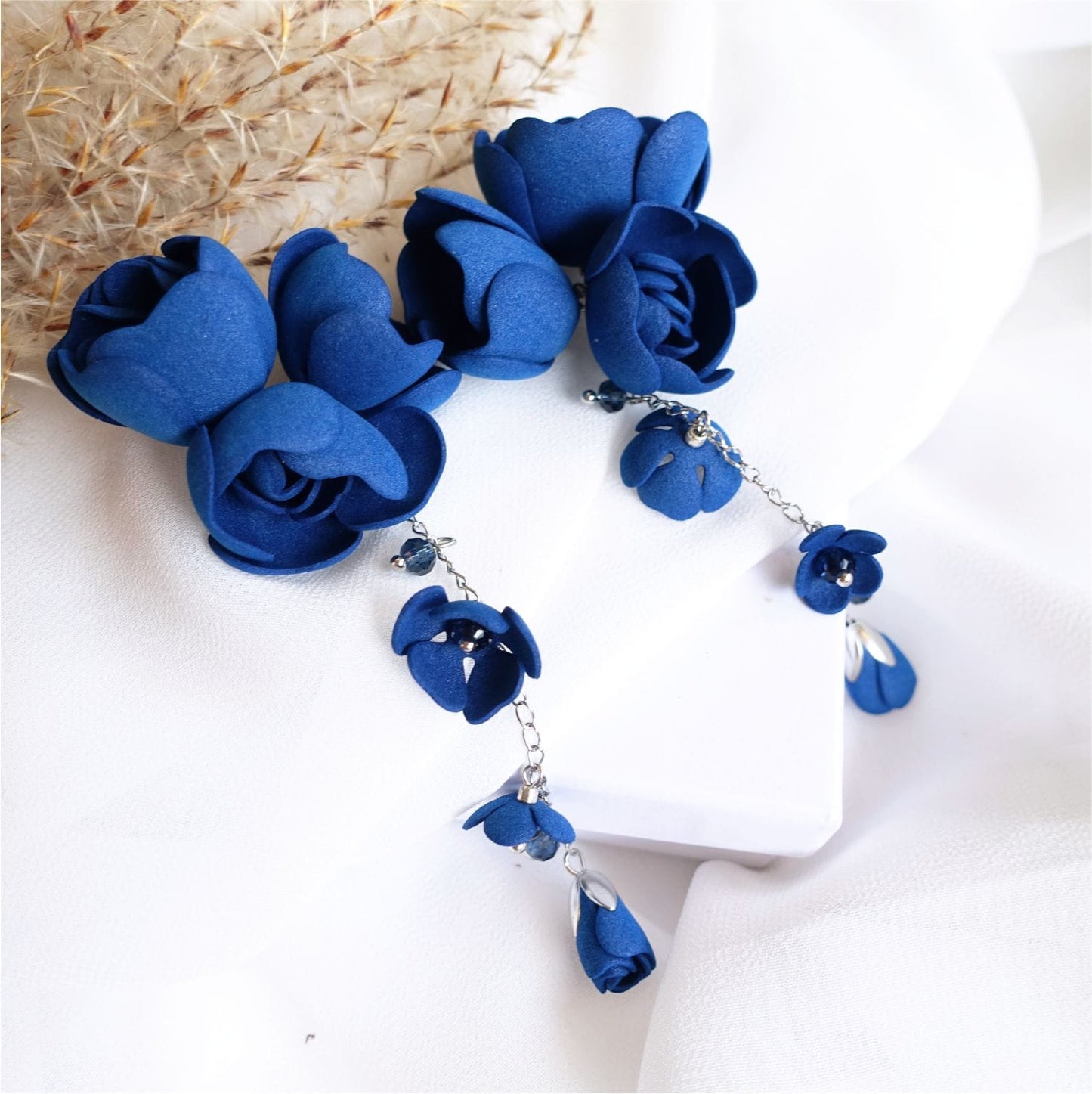 Blue flower earrings on a silver chain 855 Blue Silver Gardenia