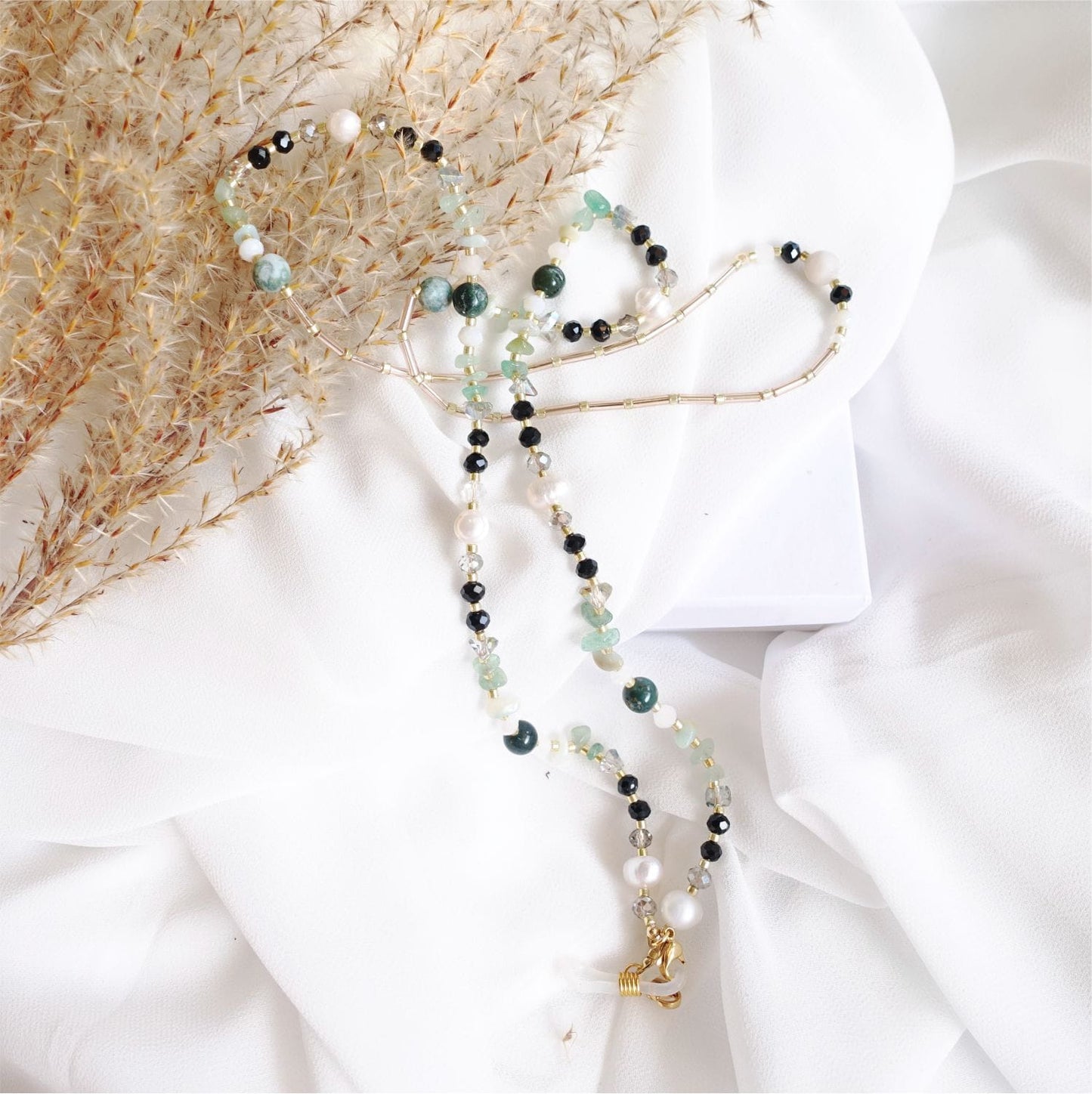 Turquoise Green Black Glasses Chain Indian Agate, Natural Pearl and Aventurine, LadyAnna EGC510