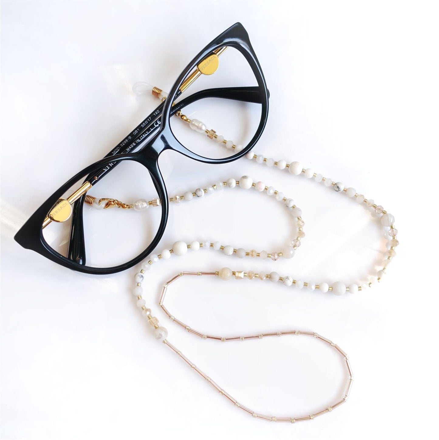 White gold glasses chain and long necklace with natural stones, LadySnow EGC521