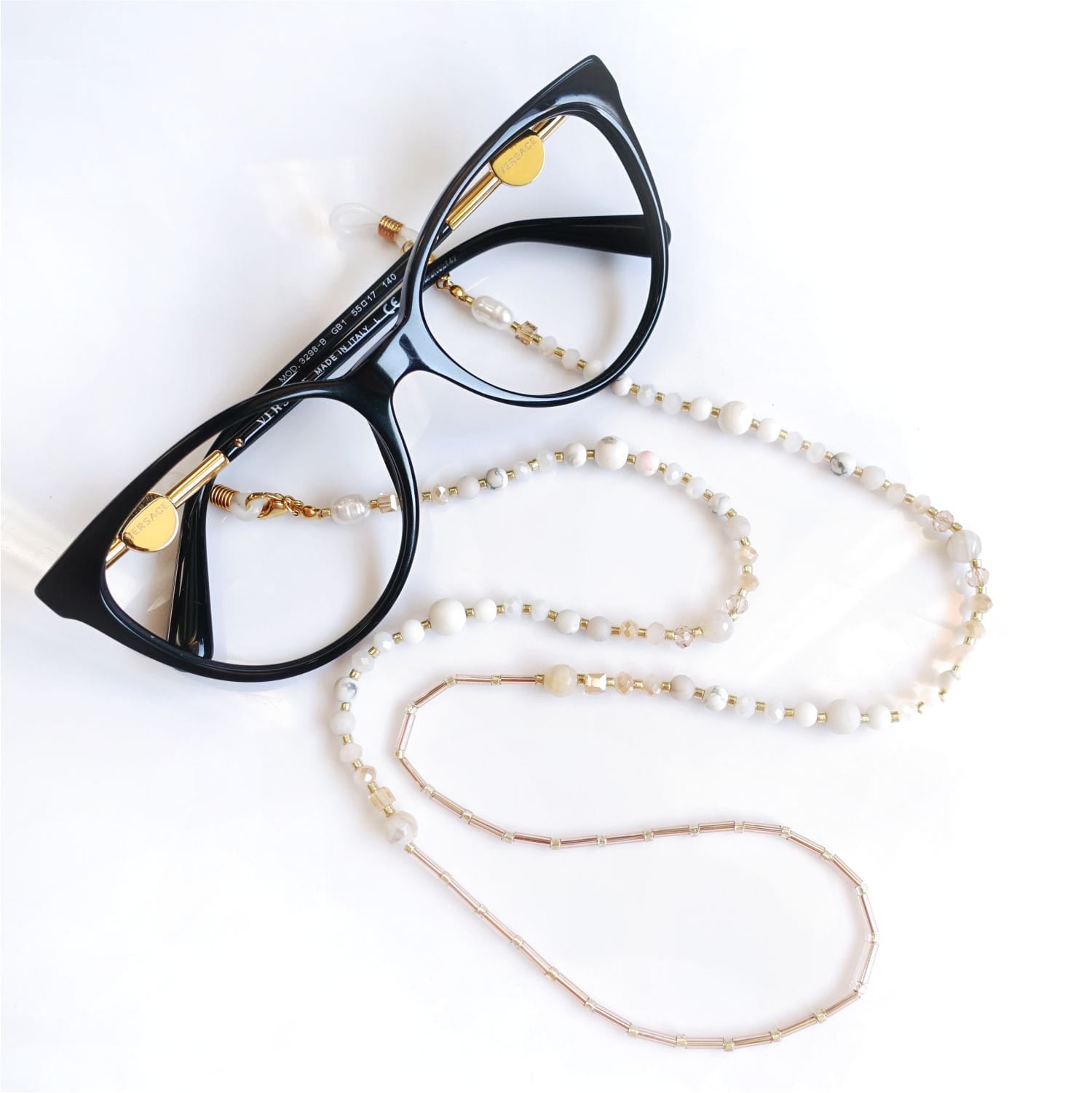 Cadena para gafas y collar largo de oro blanco con piedras naturales, LadySnow EGC521