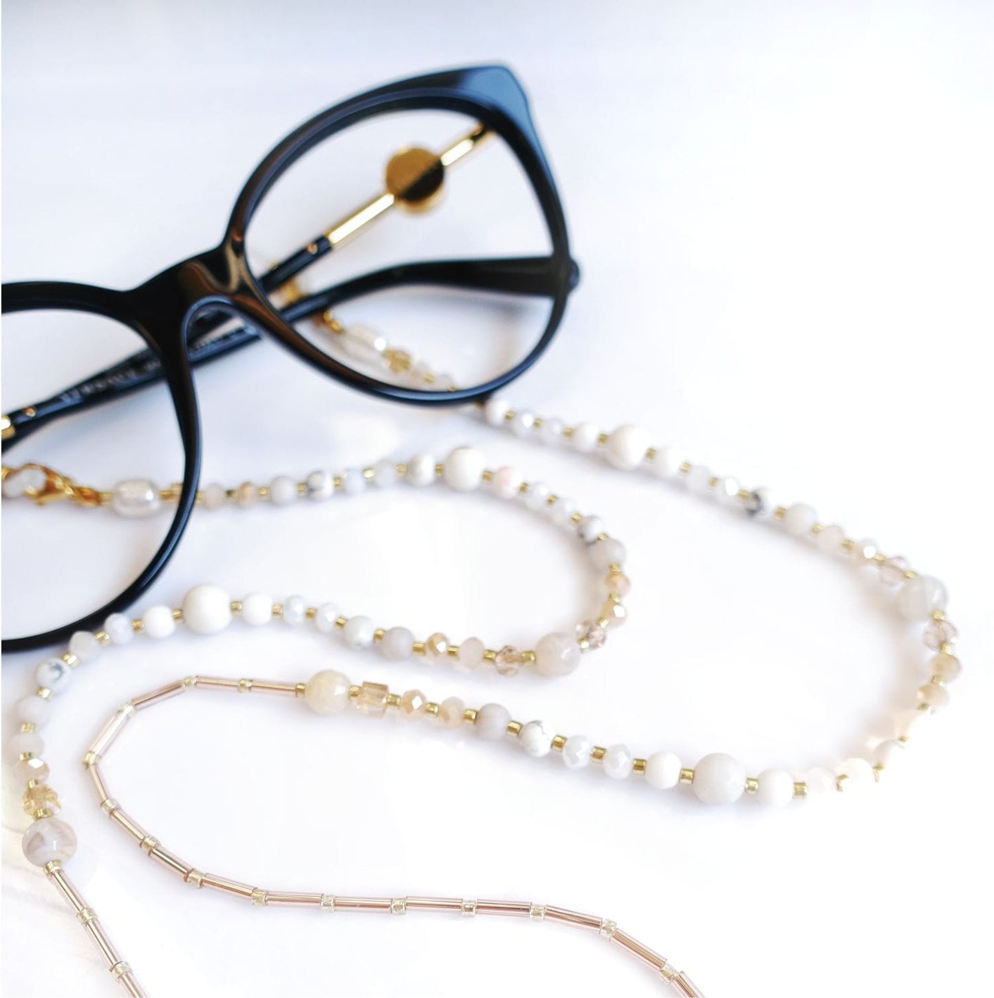 White gold glasses chain and long necklace with natural stones, LadySnow EGC521
