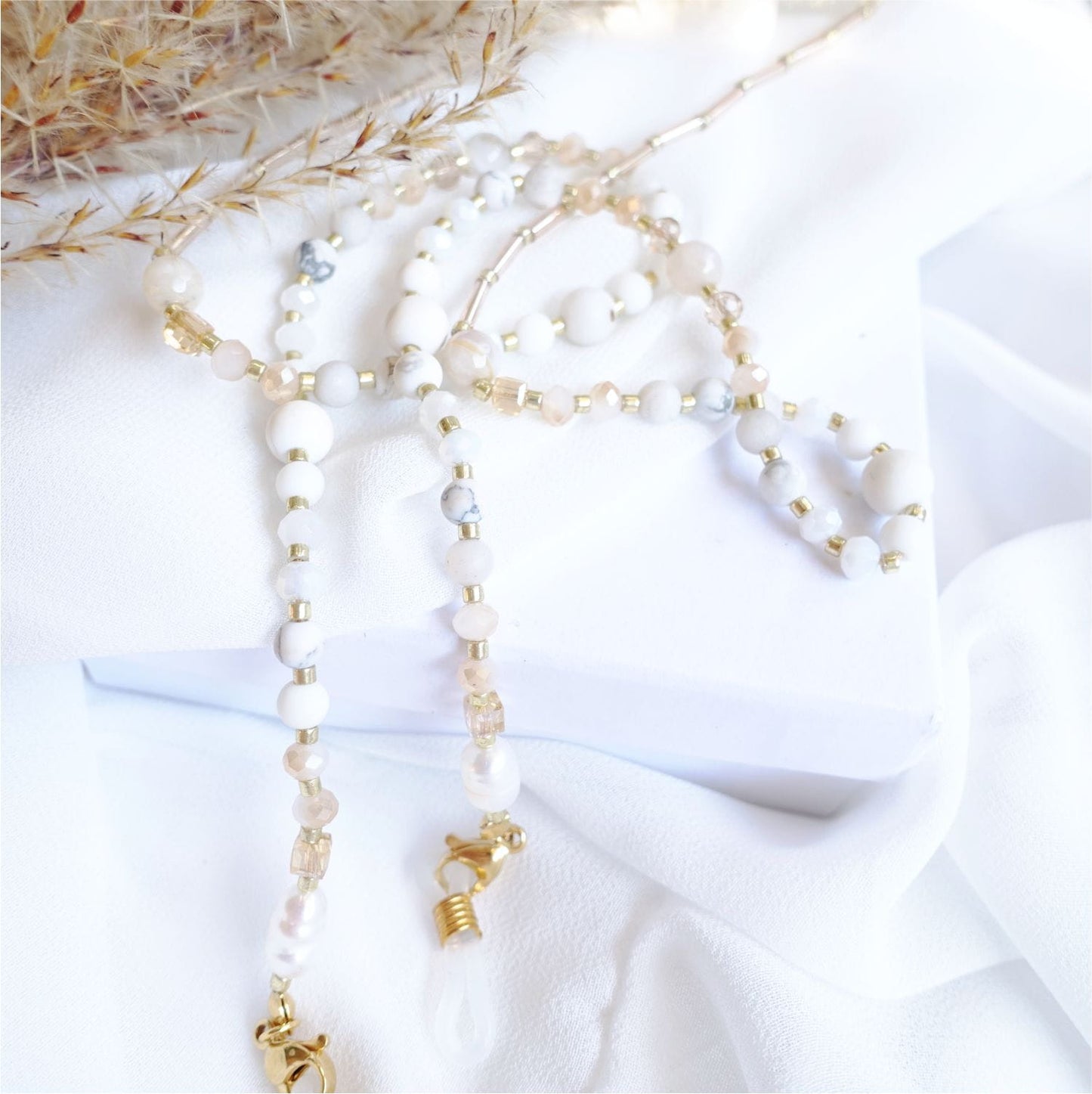 White gold glasses chain and long necklace with natural stones, LadySnow EGC521