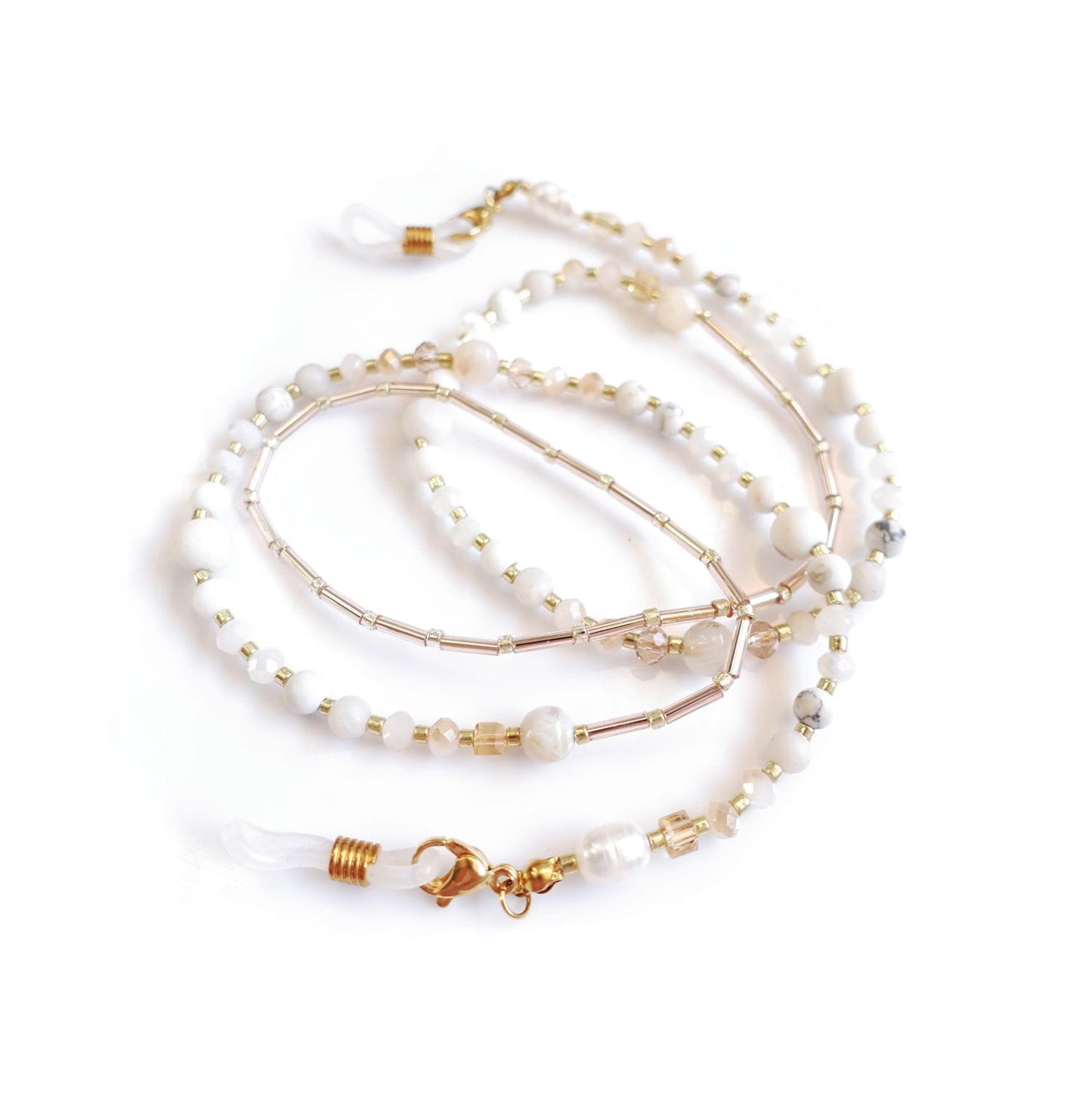 White gold glasses chain and long necklace with natural stones, LadySnow EGC521