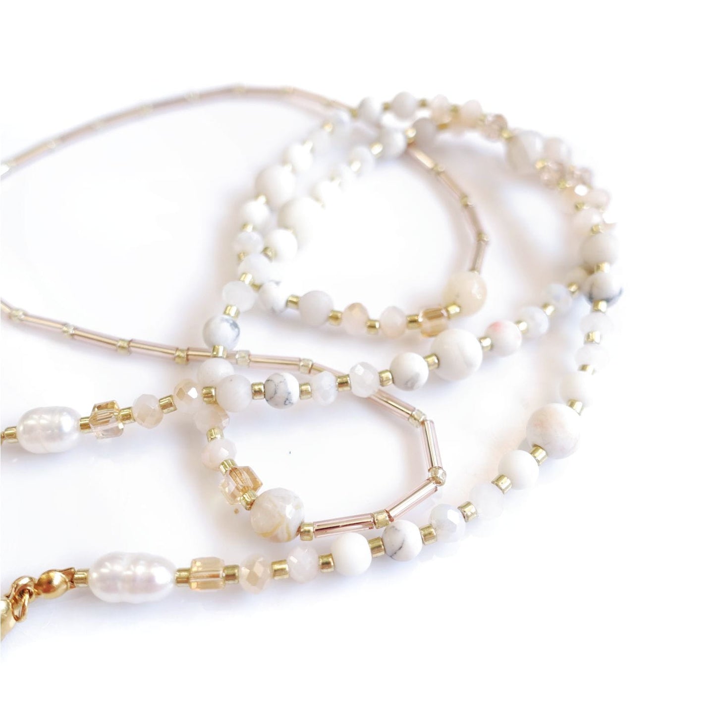 White gold glasses chain and long necklace with natural stones, LadySnow EGC521