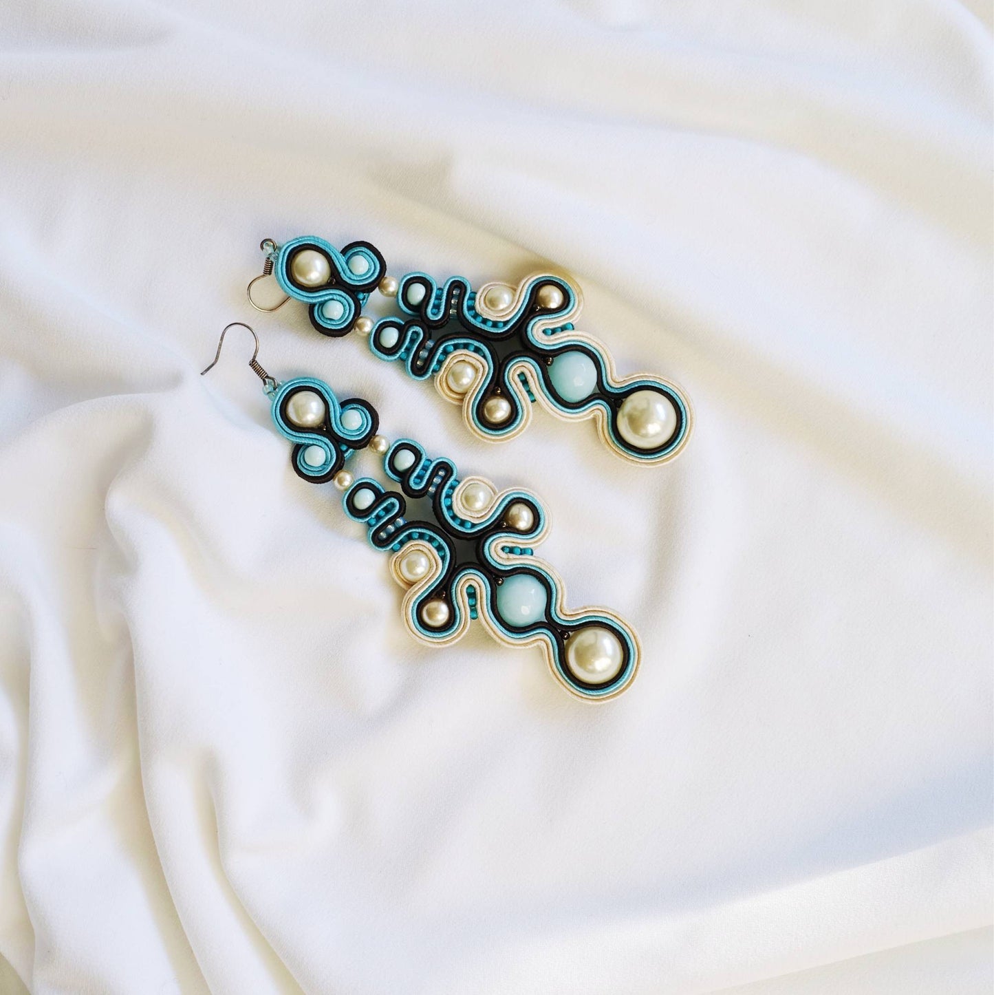 Turquoise hanging soutache earrings with pearls 129 Aisha