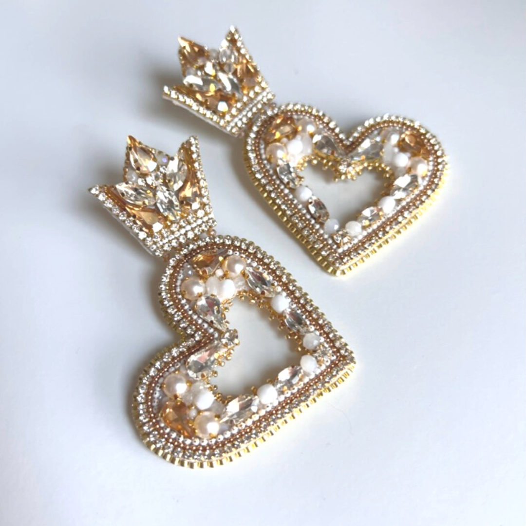 Pearl Gold Heart Earrings with Crystals 430 Pearl Heart
