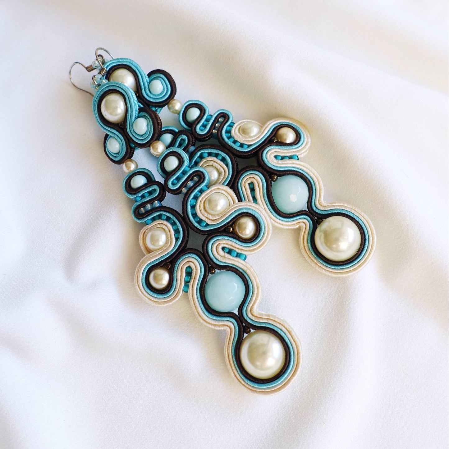 Turquoise hanging soutache earrings with pearls 129 Aisha