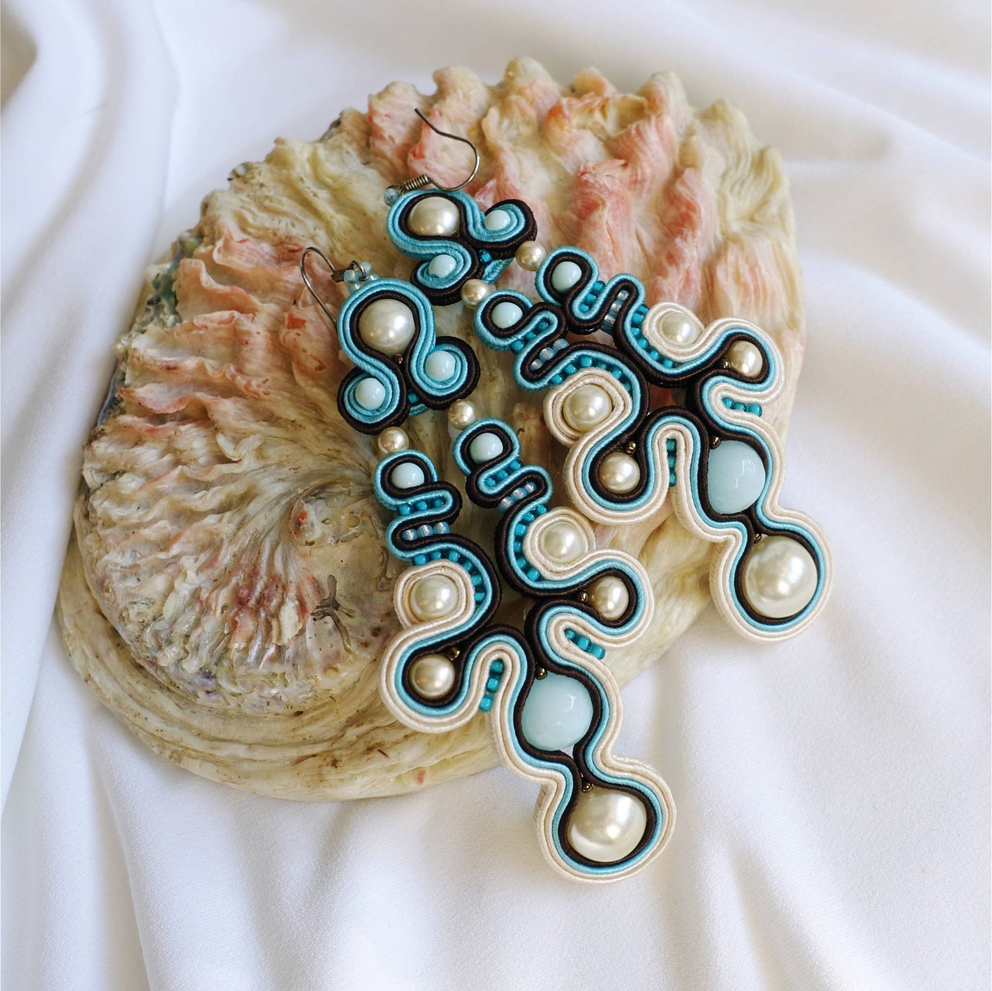 Turquoise hanging soutache earrings with pearls 129 Aisha