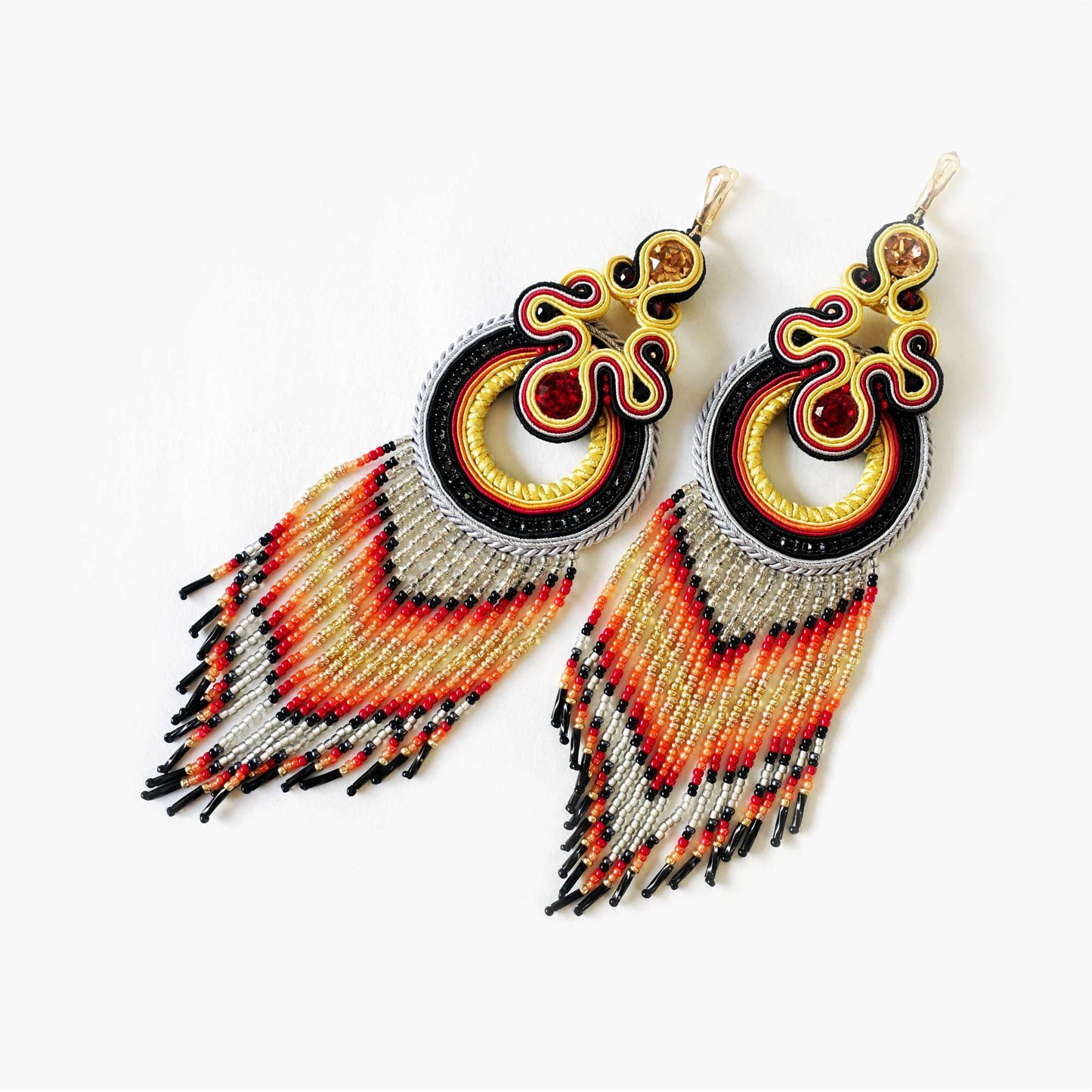 Yellow and black Indian soutache earrings with fringes, 137 Nabila