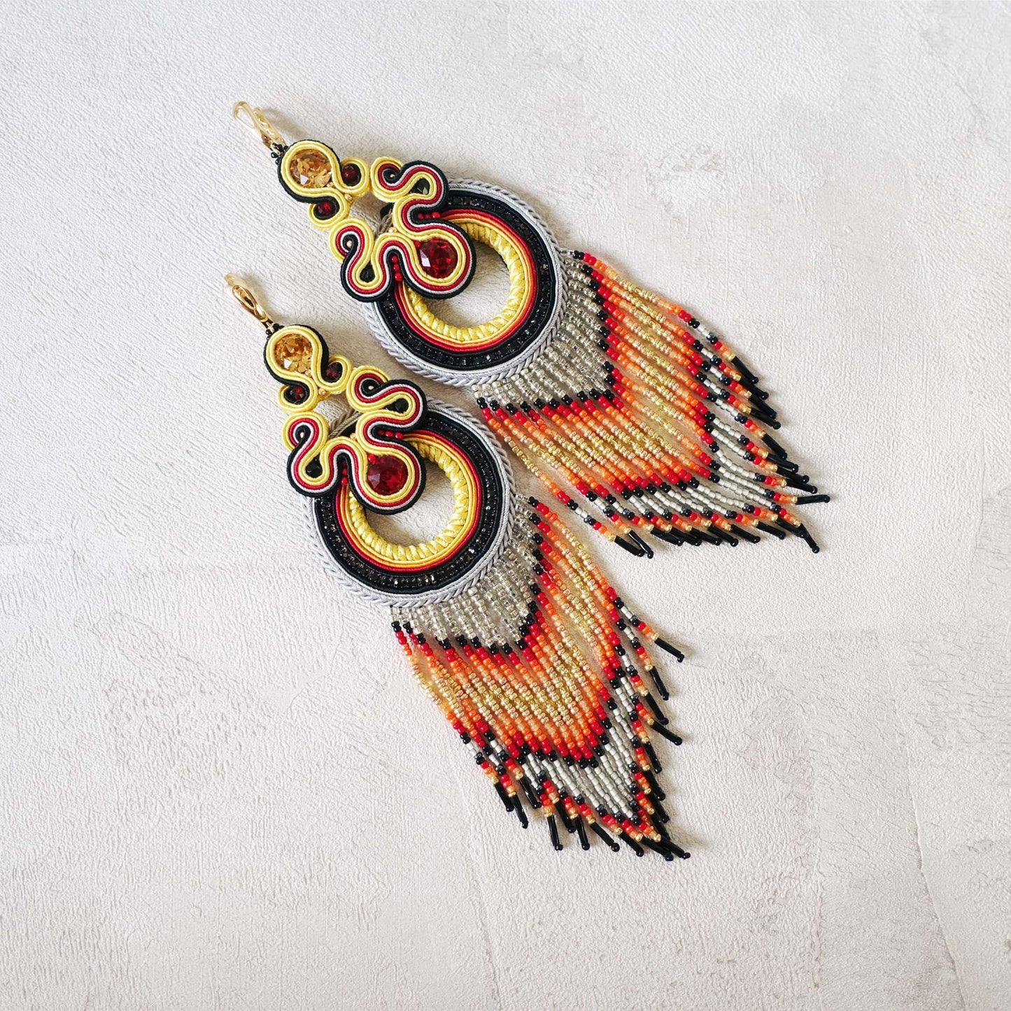 Yellow and black Indian soutache earrings with fringes, 137 Nabila