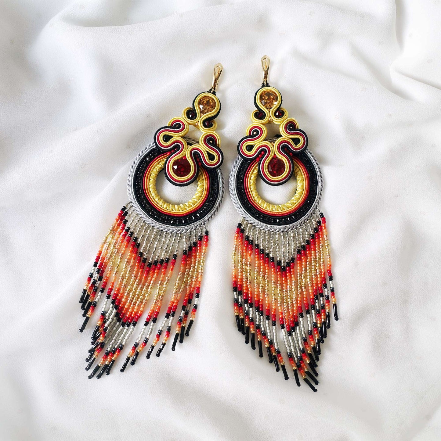 Yellow and black Indian soutache earrings with fringes, 137 Nabila