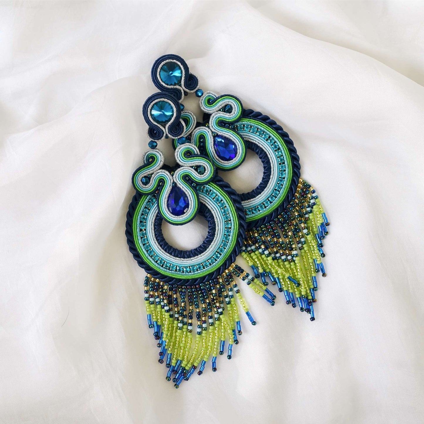 Blue green boho soutache earrings with fringes 137 NightWish