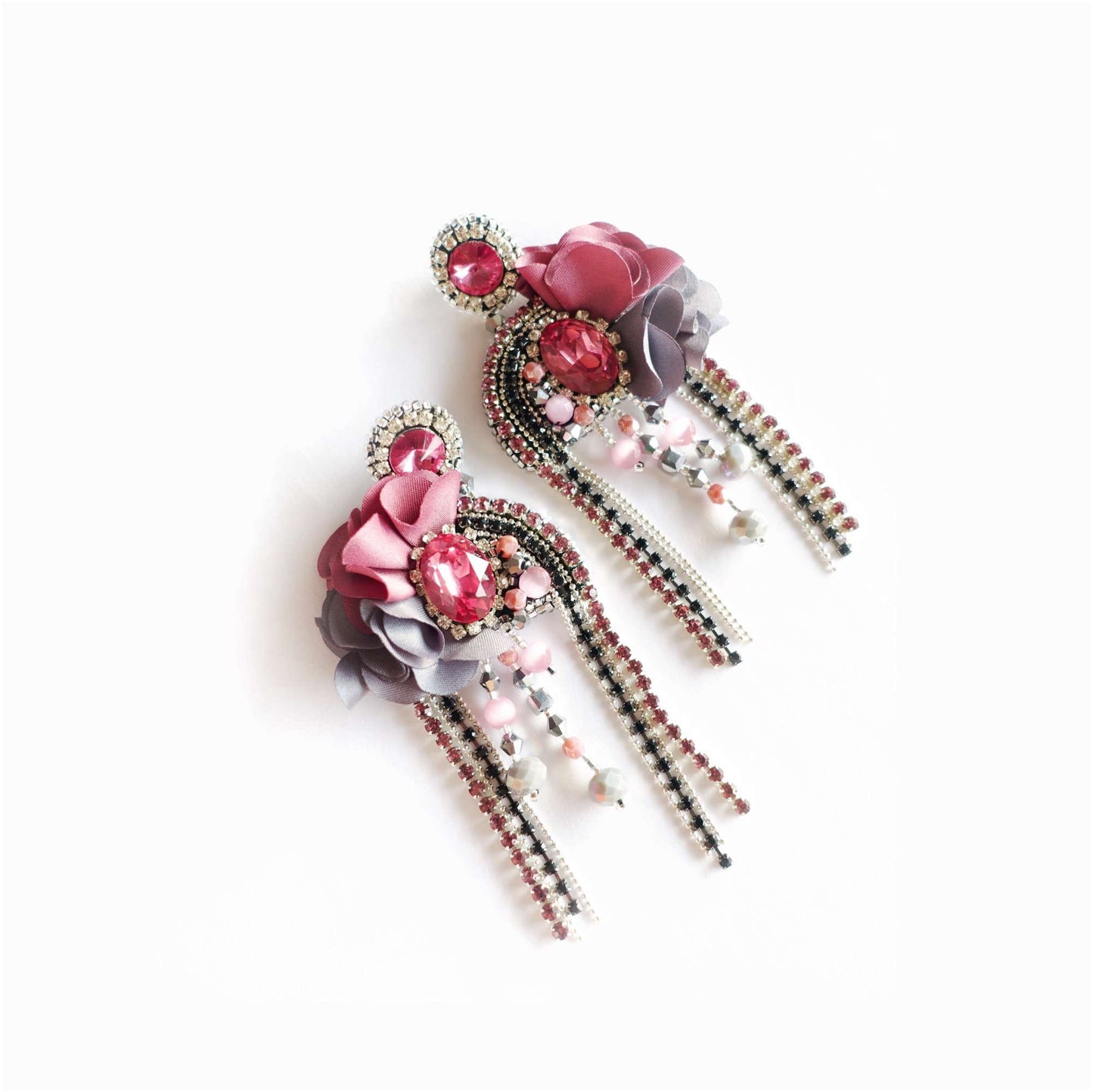 Pink Flower Earrings Crystal Fringe 409 Flora