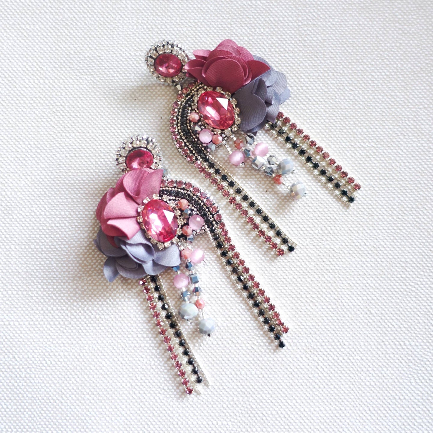 Pink Flower Earrings Crystal Fringe 409 Flora