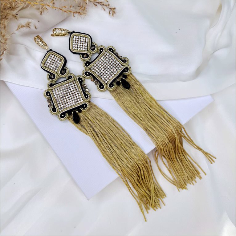 Long earrings fringe soutache with gold tassels 405 Gold II