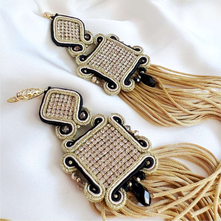 Long earrings fringe soutache with gold tassels 405 Gold II