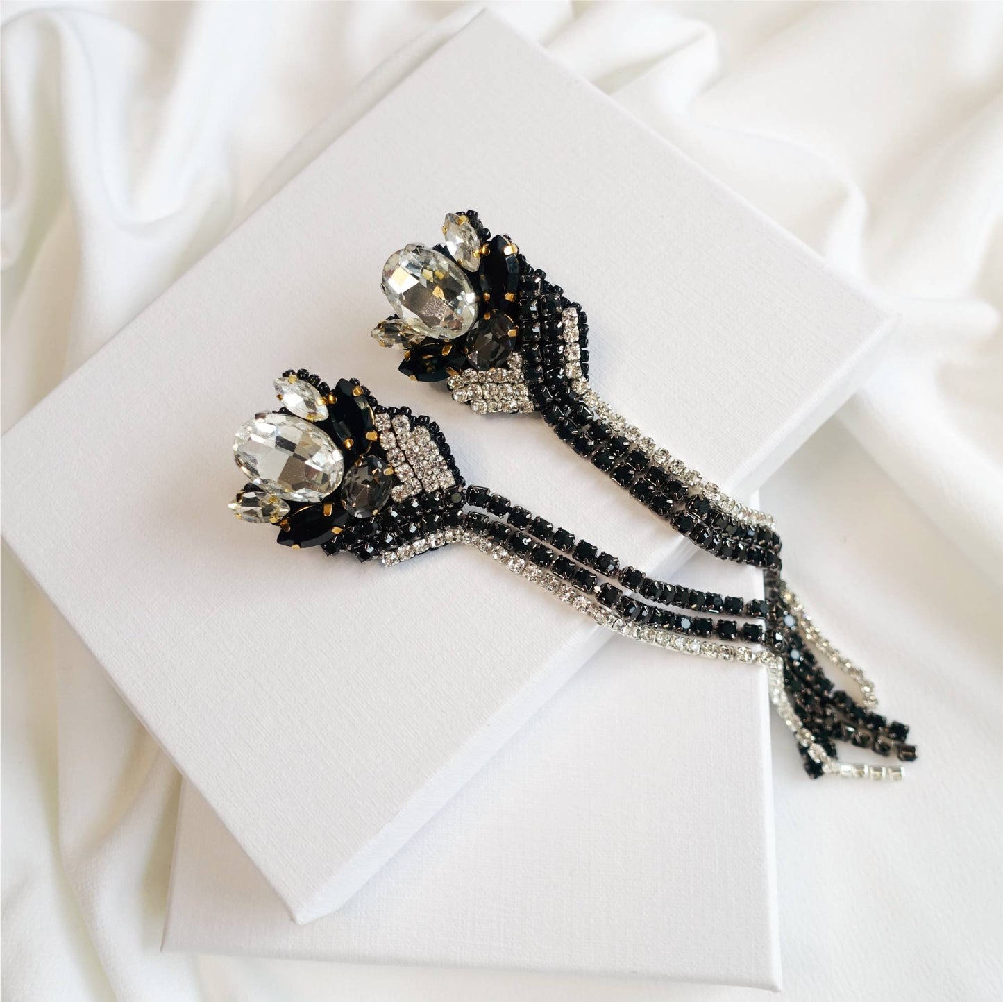 Black Silver Zircon Tape Earrings 509 Sansai