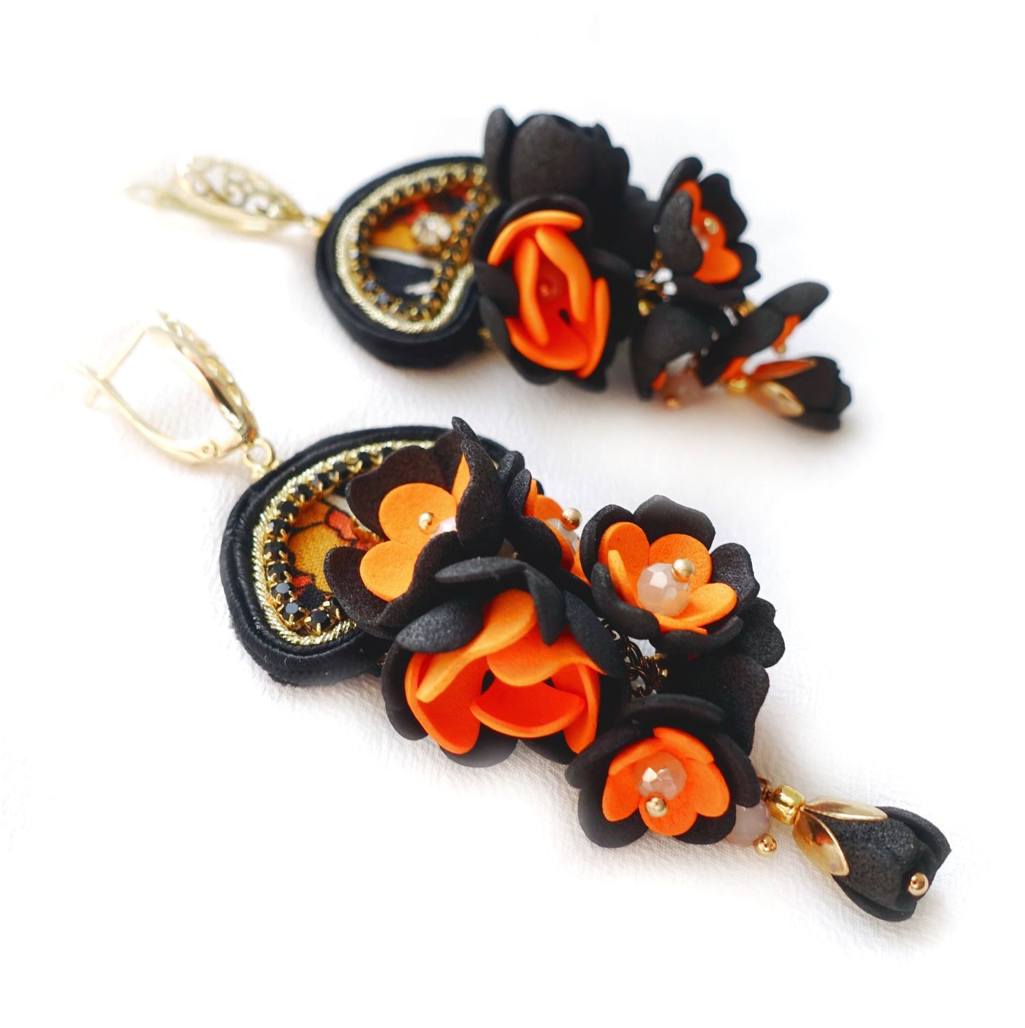 Orange and black flower earrings with highlander scarf - 429 OrangeBlack Eye
