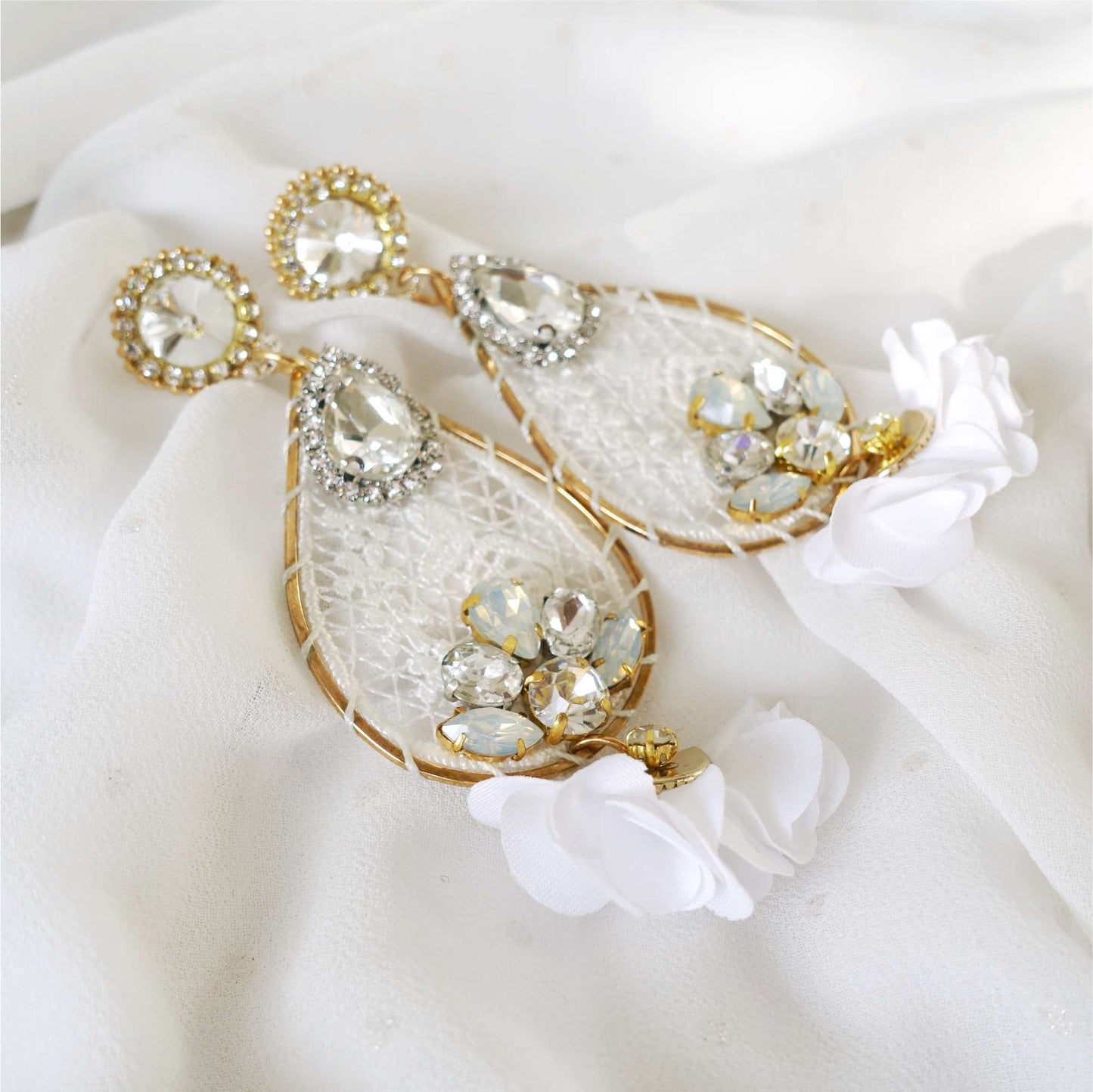 White Gold Wedding Earrings on Lace with Crystals 508 Snow Dream Catcher