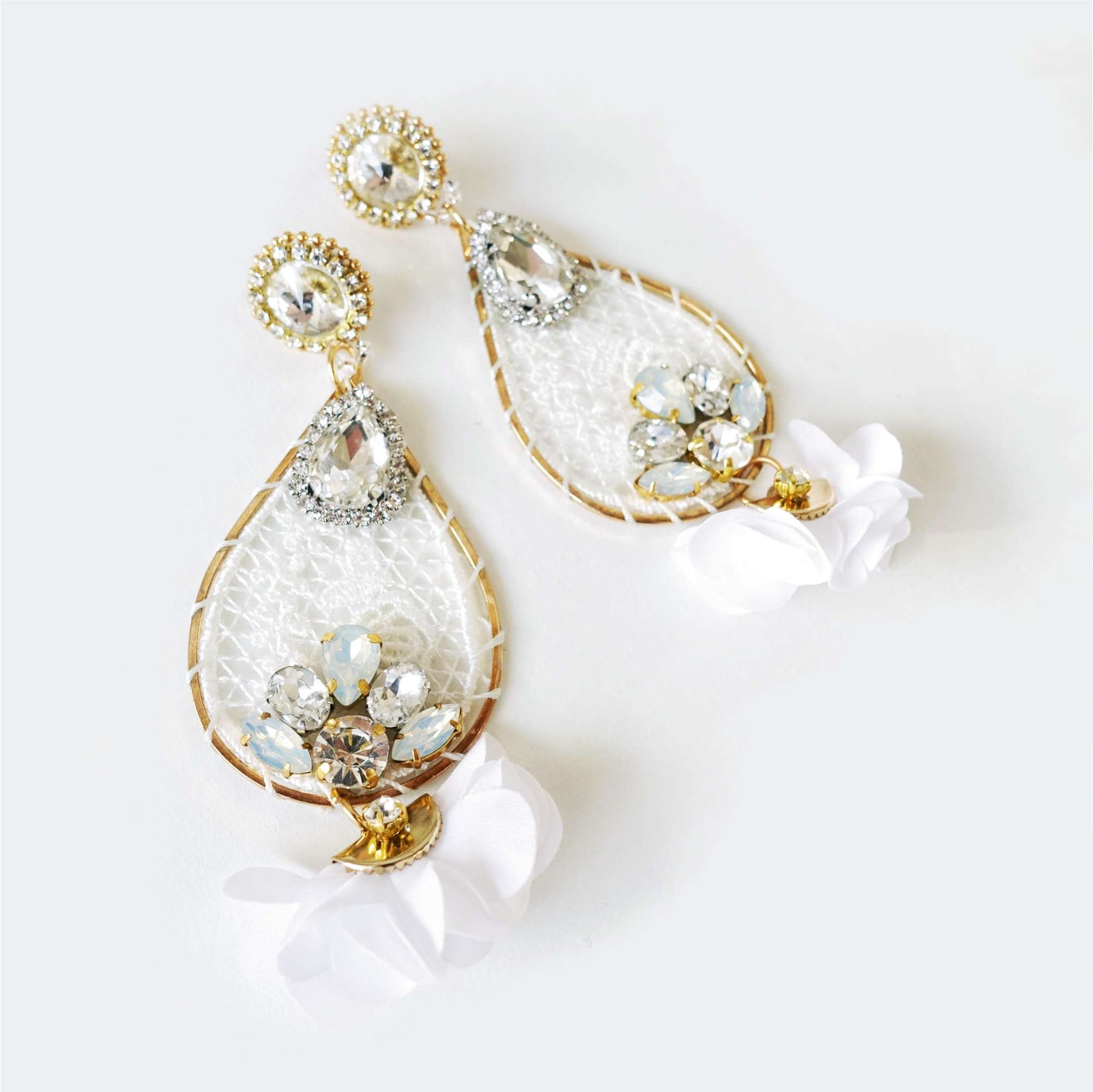 White Gold Wedding Earrings on Lace with Crystals 508 Snow Dream Catcher
