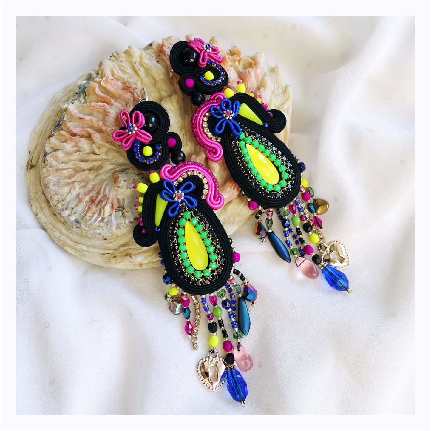 Black neon soutache earrings with beads and fringes 150 Cati III