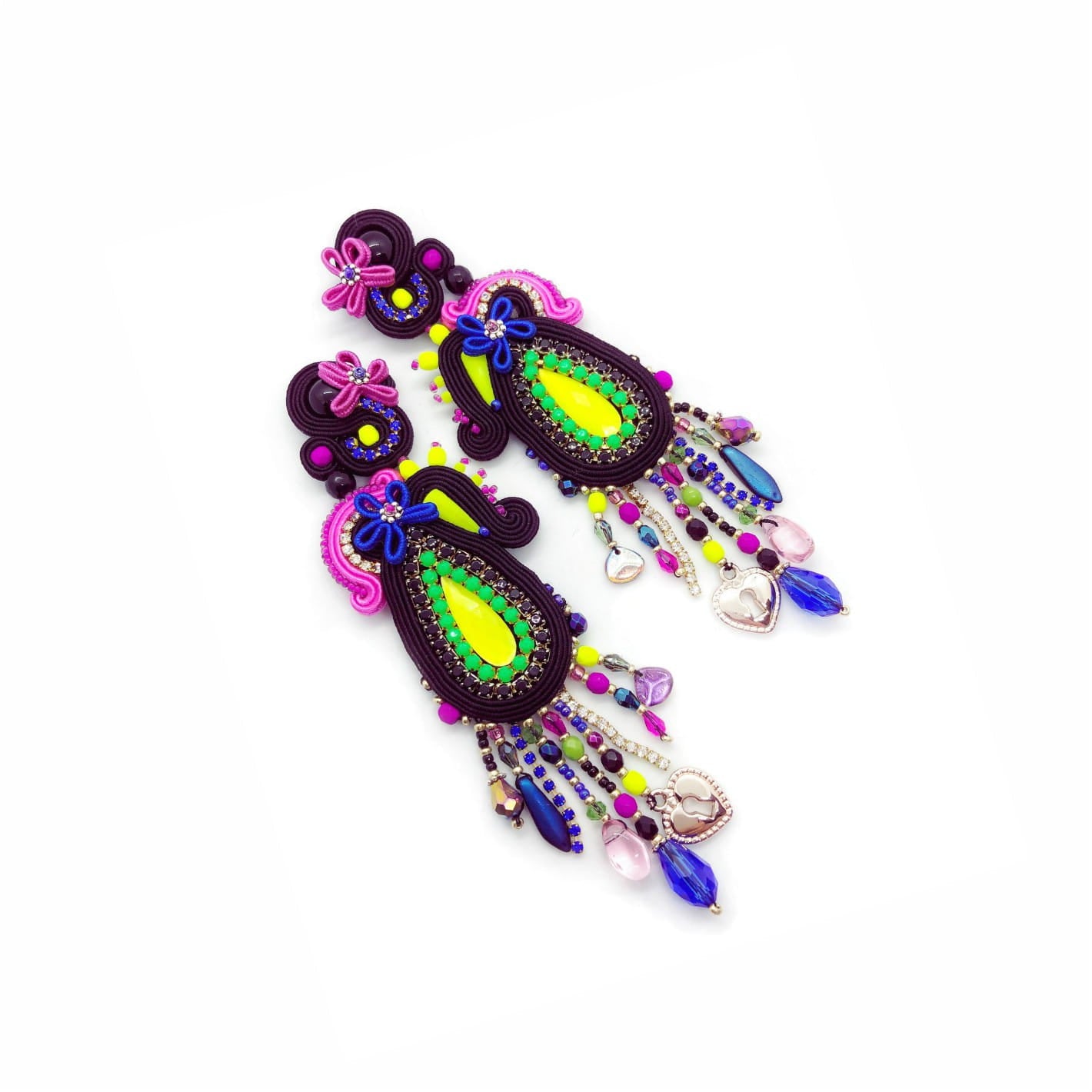 Black neon soutache earrings with beads and fringes 150 Cati III