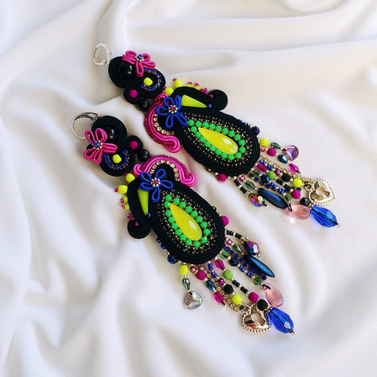 Black neon soutache earrings with beads and fringes 150 Cati III
