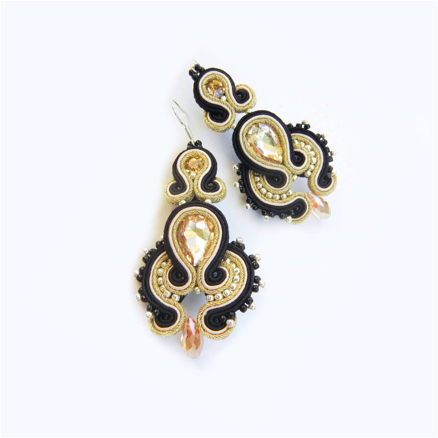 Black gold soutache earrings with crystals 153 BlackGold
