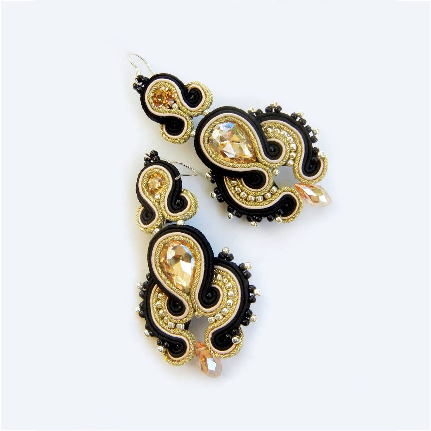 Black gold soutache earrings with crystals 153 BlackGold