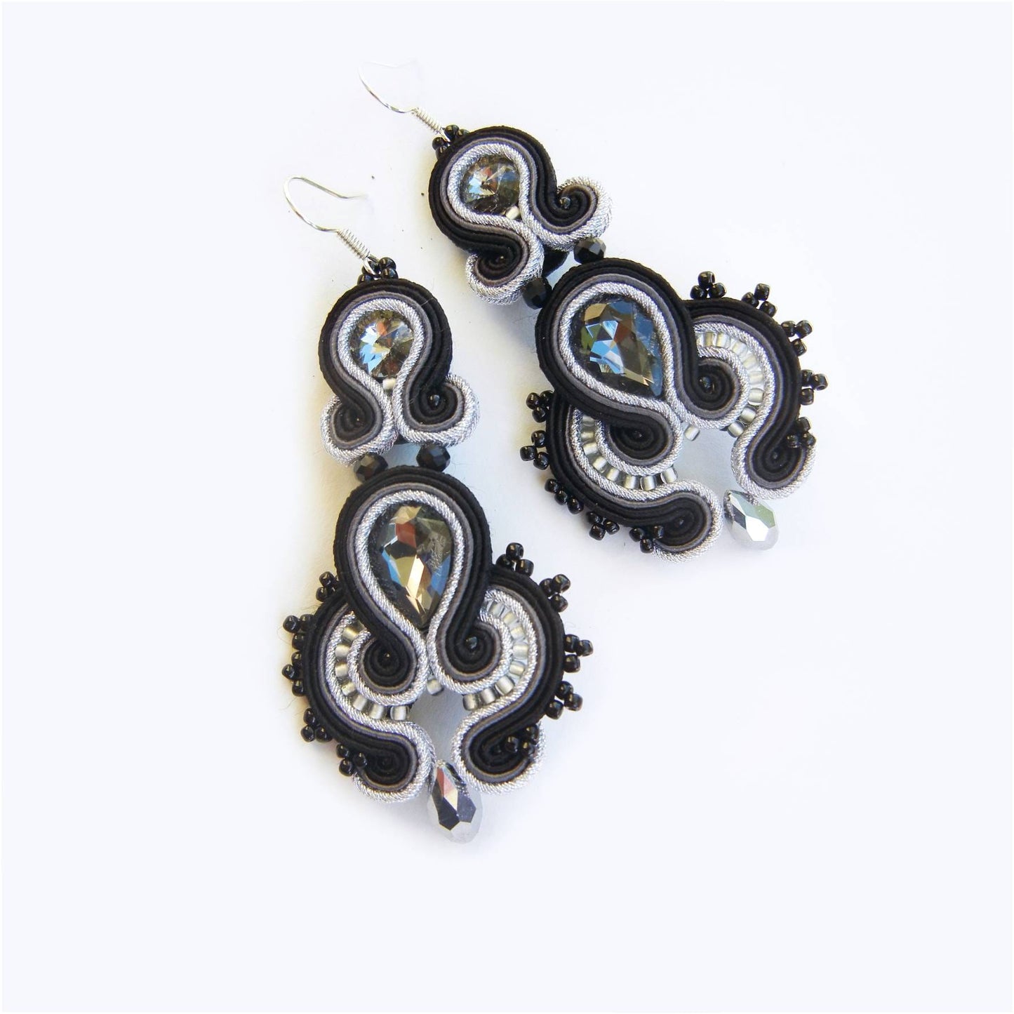 Black silver soutache earrings with crystals 153 BlackSilver