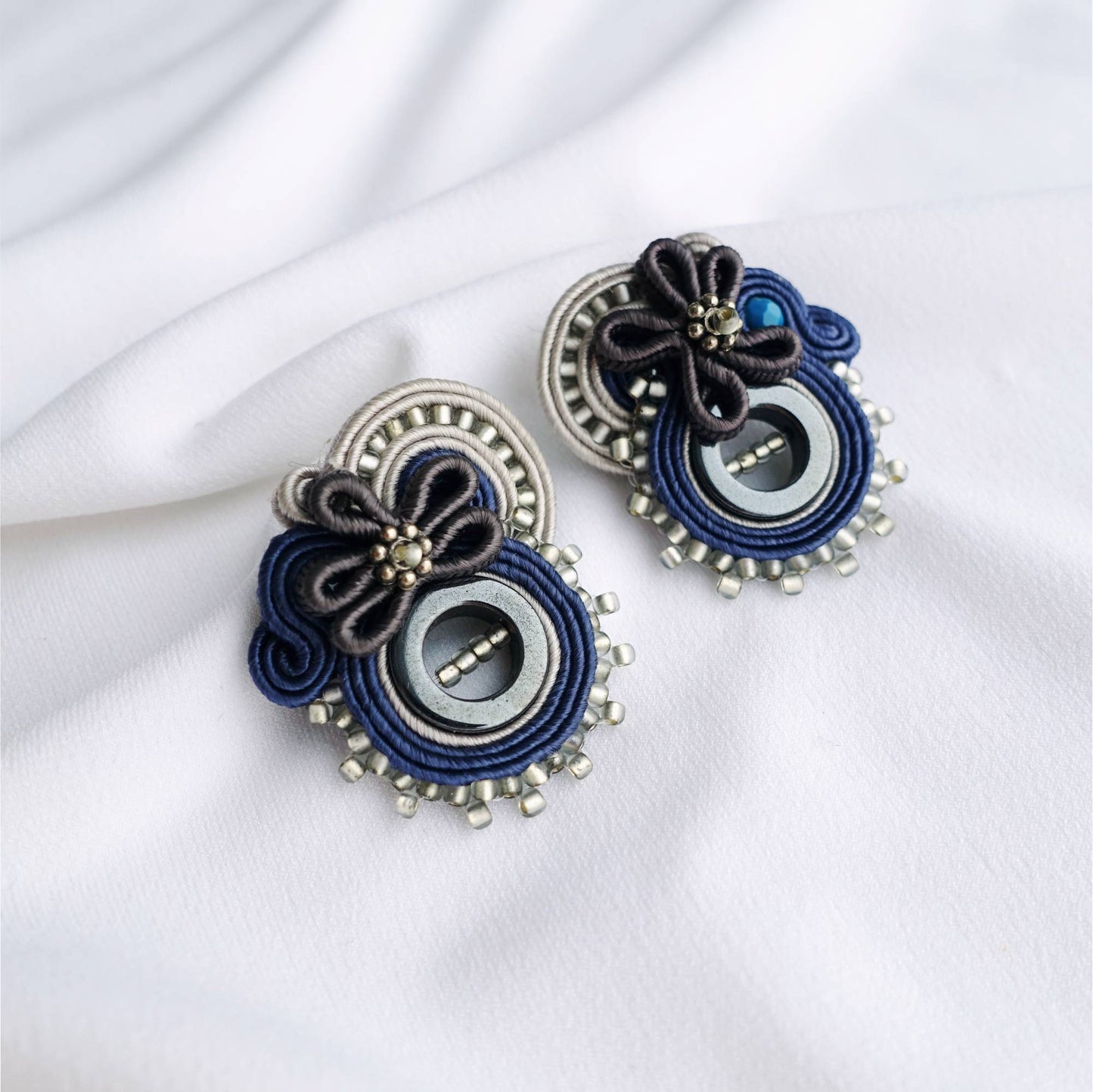 Navy blue small soutache howlite earrings, 169 Tamuura Ice
