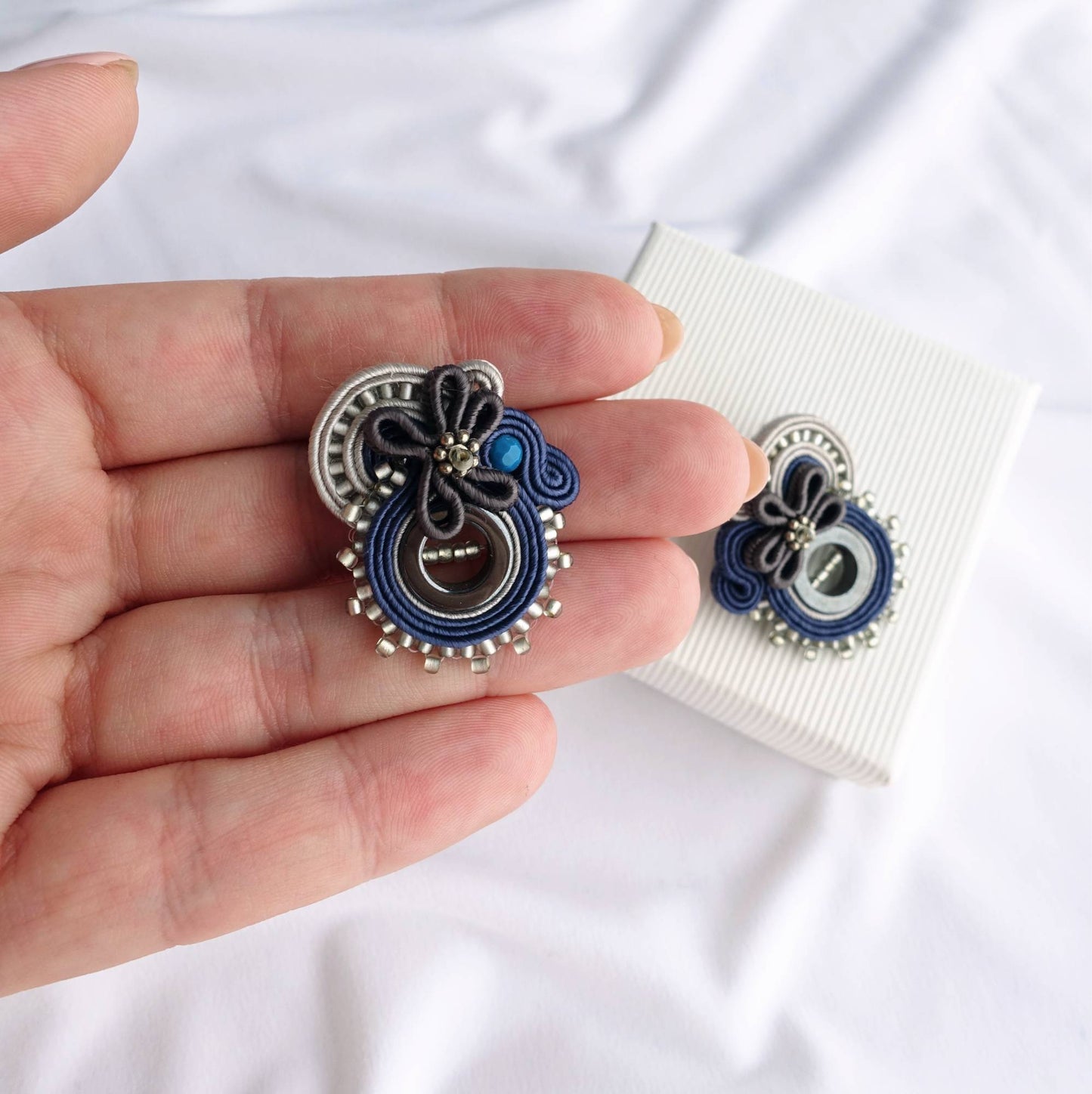 Navy blue small soutache howlite earrings, 169 Tamuura Ice