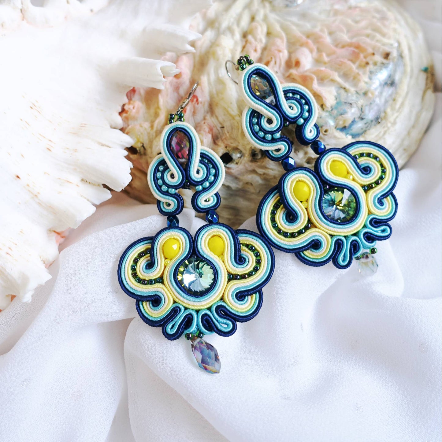 Green and yellow medium length soutache earrings with crystals, 177 Hemlata