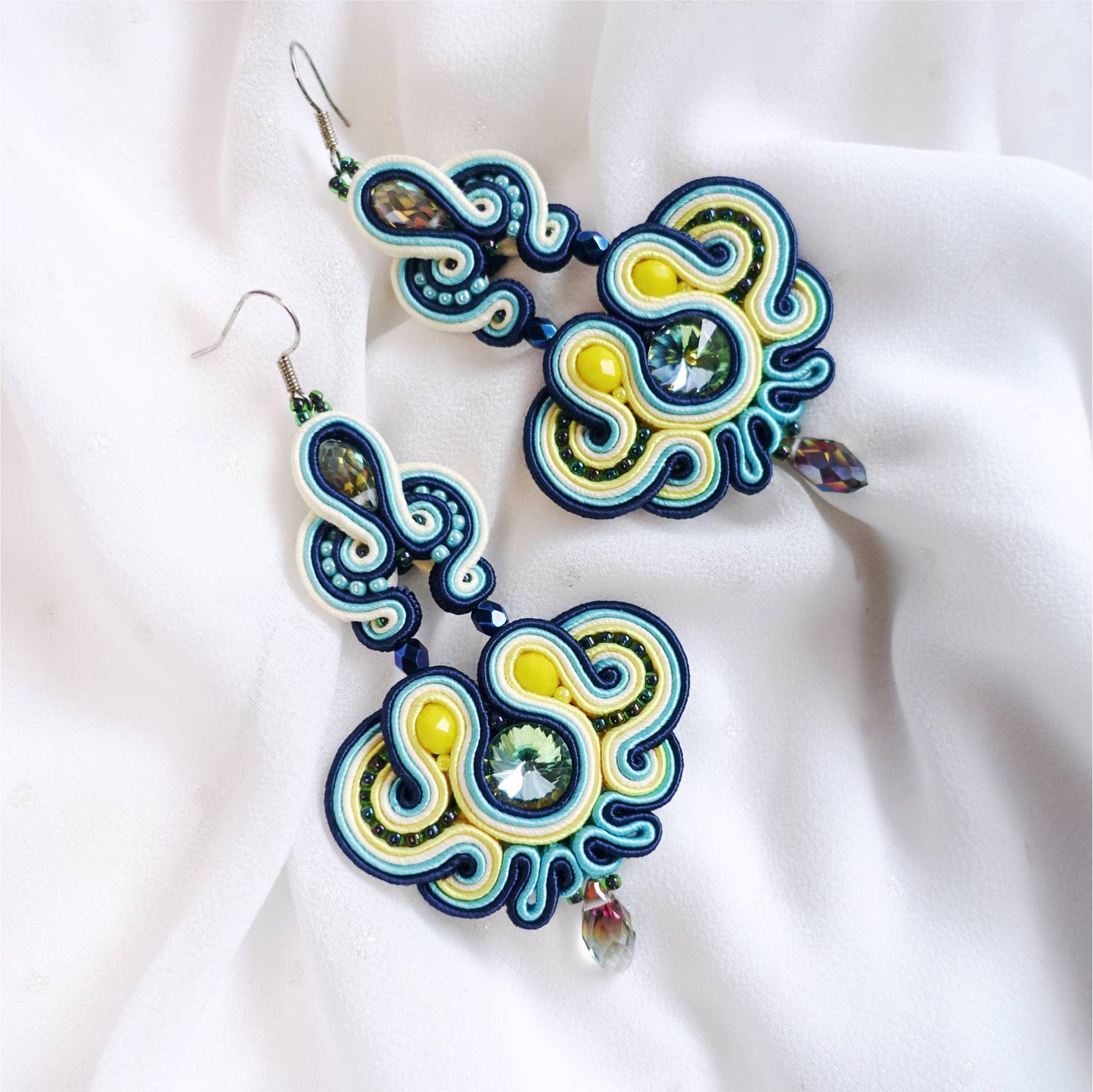 Green and yellow medium length soutache earrings with crystals, 177 Hemlata