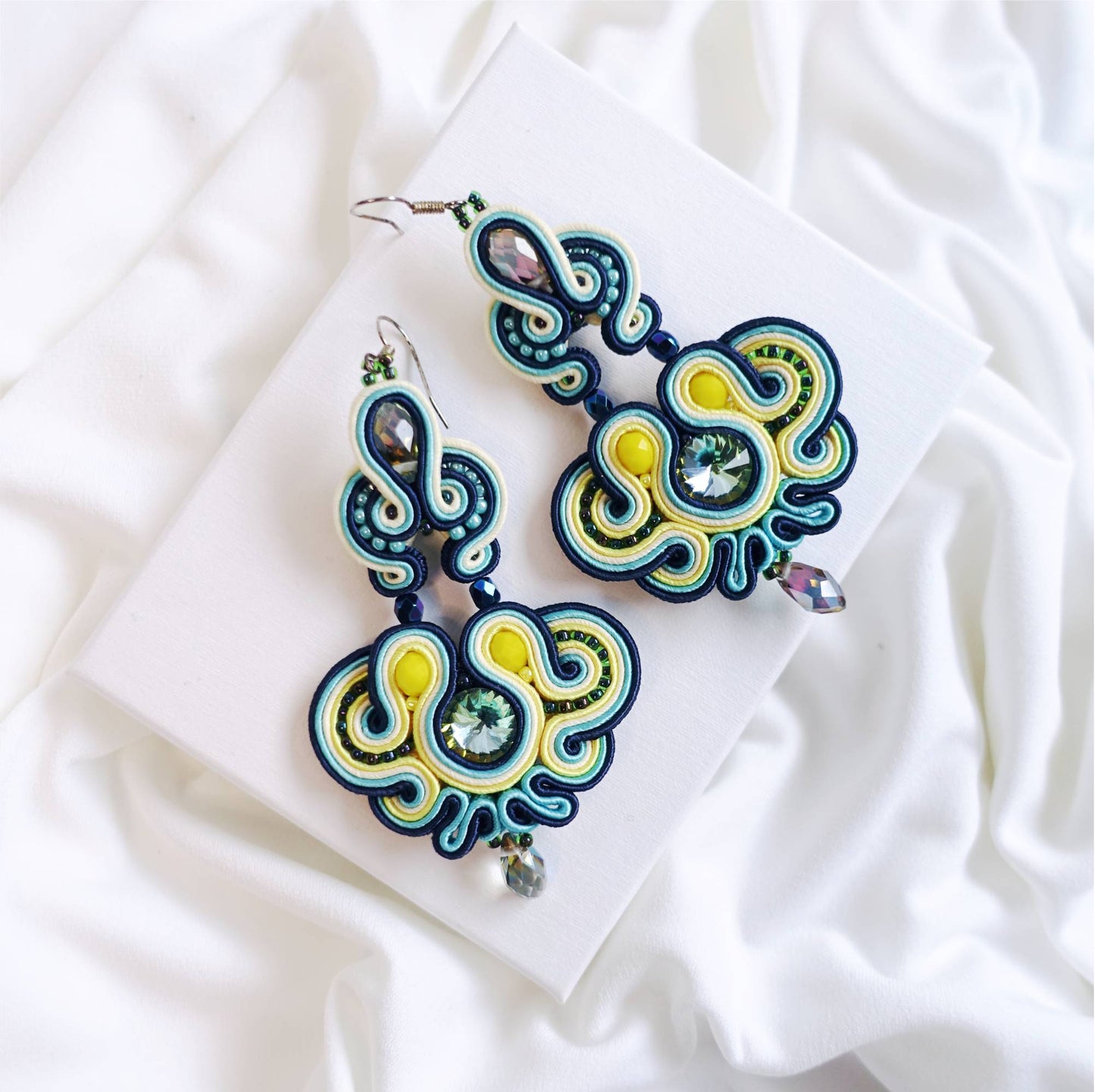 Green and yellow medium length soutache earrings with crystals, 177 Hemlata
