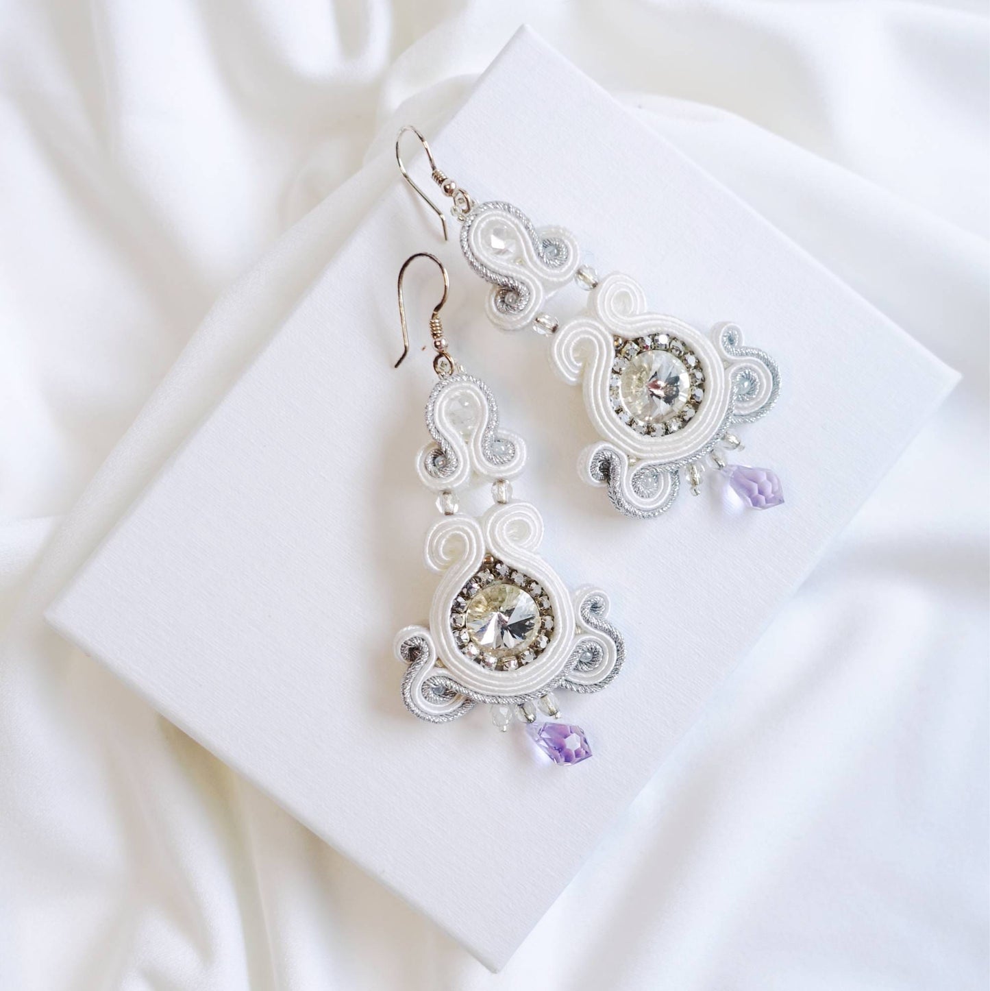 White wedding soutache earrings with crystals, 178 WhiteSIlver