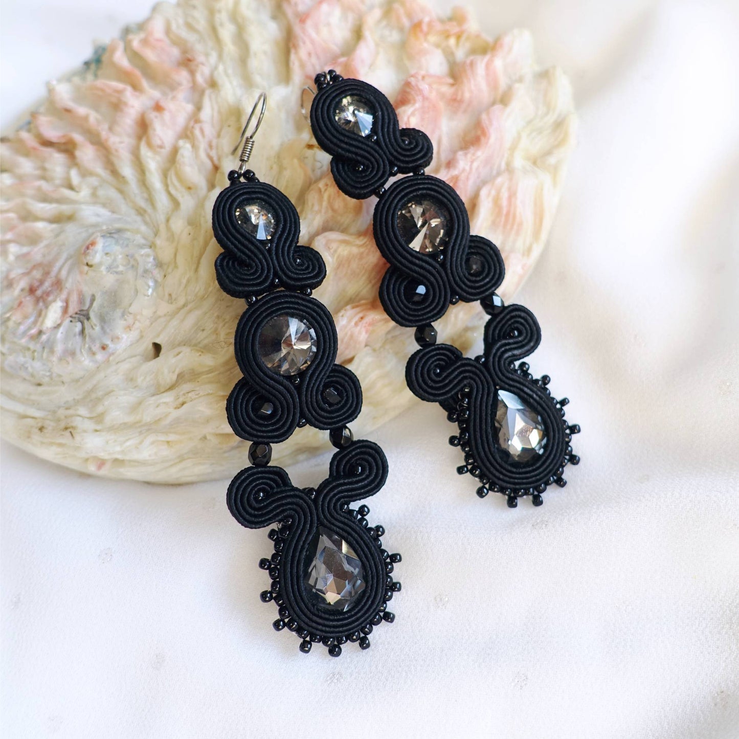 Black slim soutache earrings with graphite crystals, 180 DeepBlack