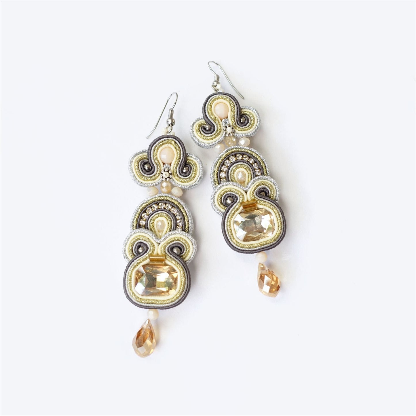 Honey gold pastel soutache earrings with crystals, 187 Honey