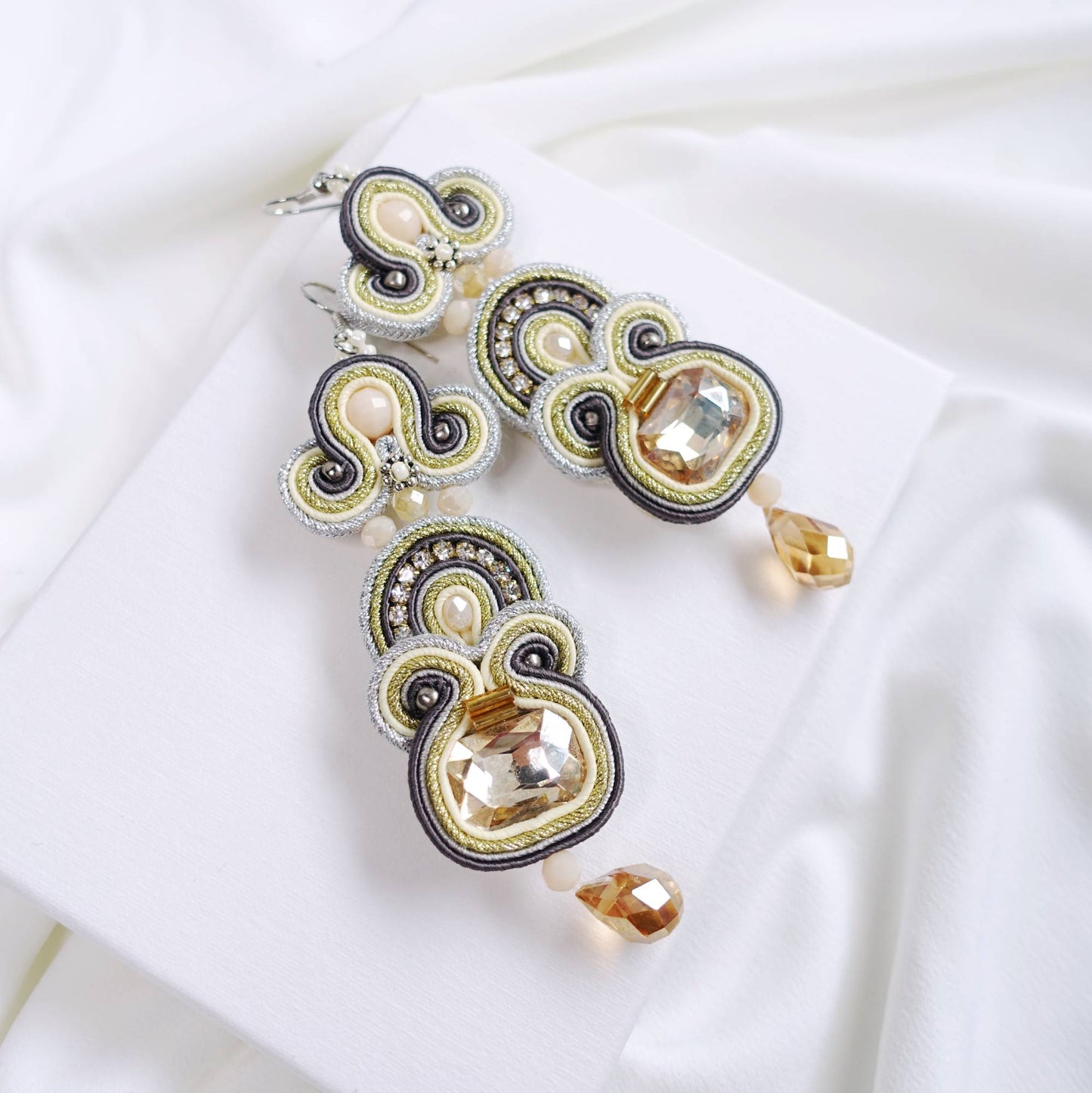 Honey gold pastel soutache earrings with crystals, 187 Honey