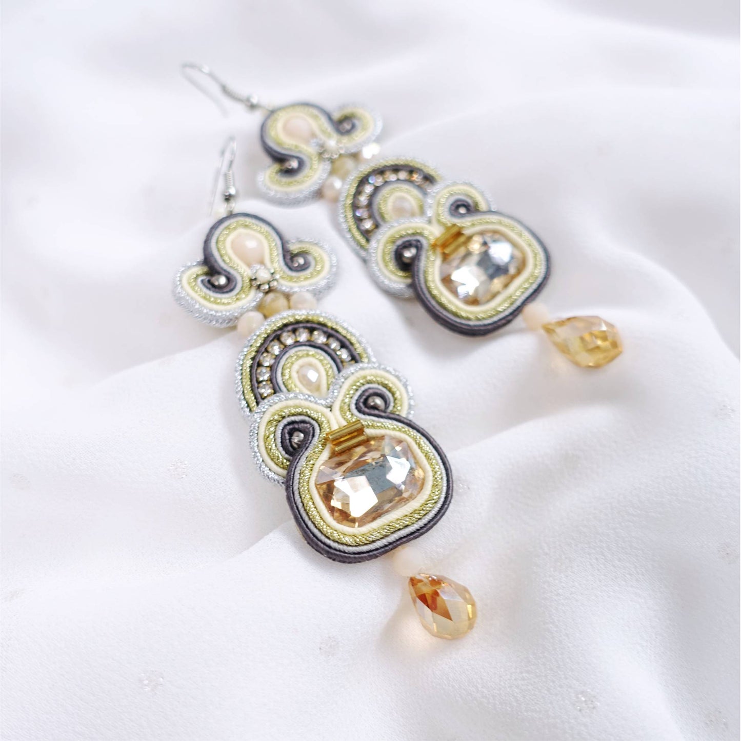 Honey gold pastel soutache earrings with crystals, 187 Honey