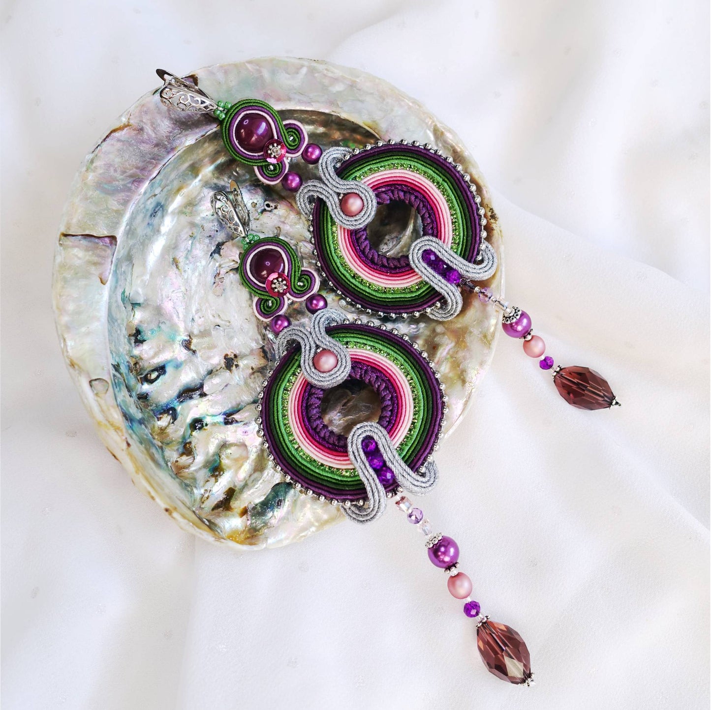 Colorful soutache earrings, Purple green hoop earrings, 301 Eunika