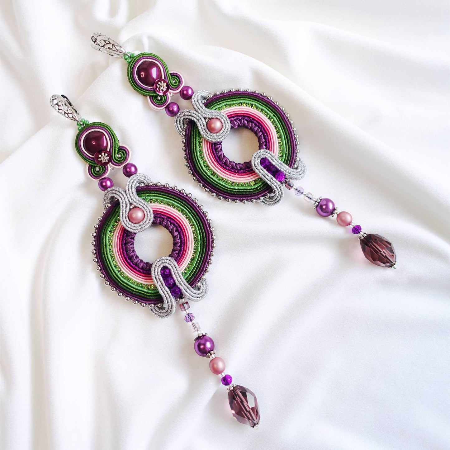 Colorful soutache earrings, Purple green hoop earrings, 301 Eunika