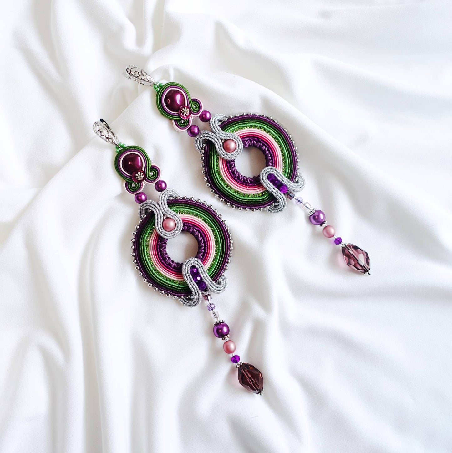 Colorful soutache earrings, Purple green hoop earrings, 301 Eunika